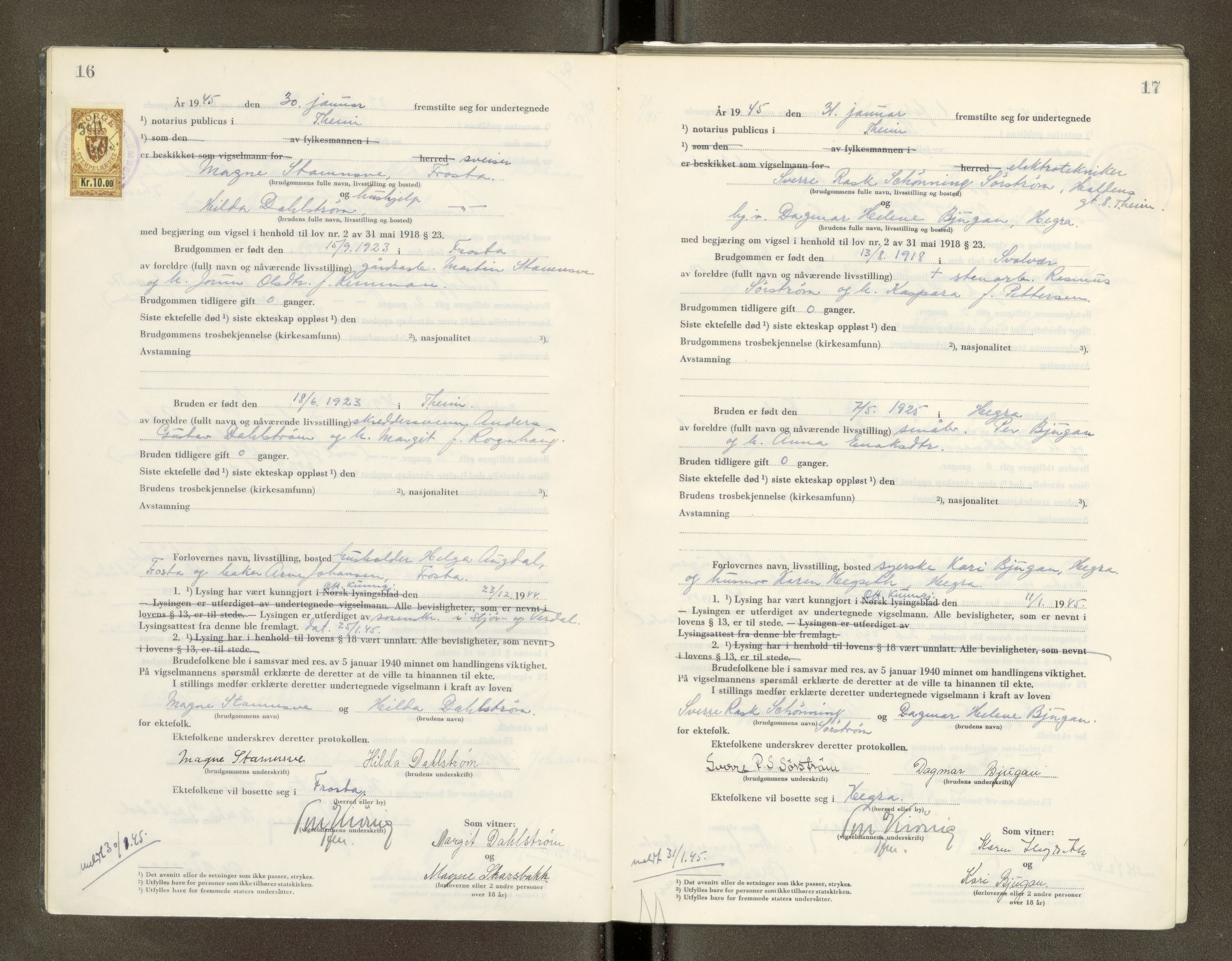 Trondheim byfogd, AV/SAT-A-0003/1/6/6D/L0005: Vigselbøker, 1944-1948, p. 16-17