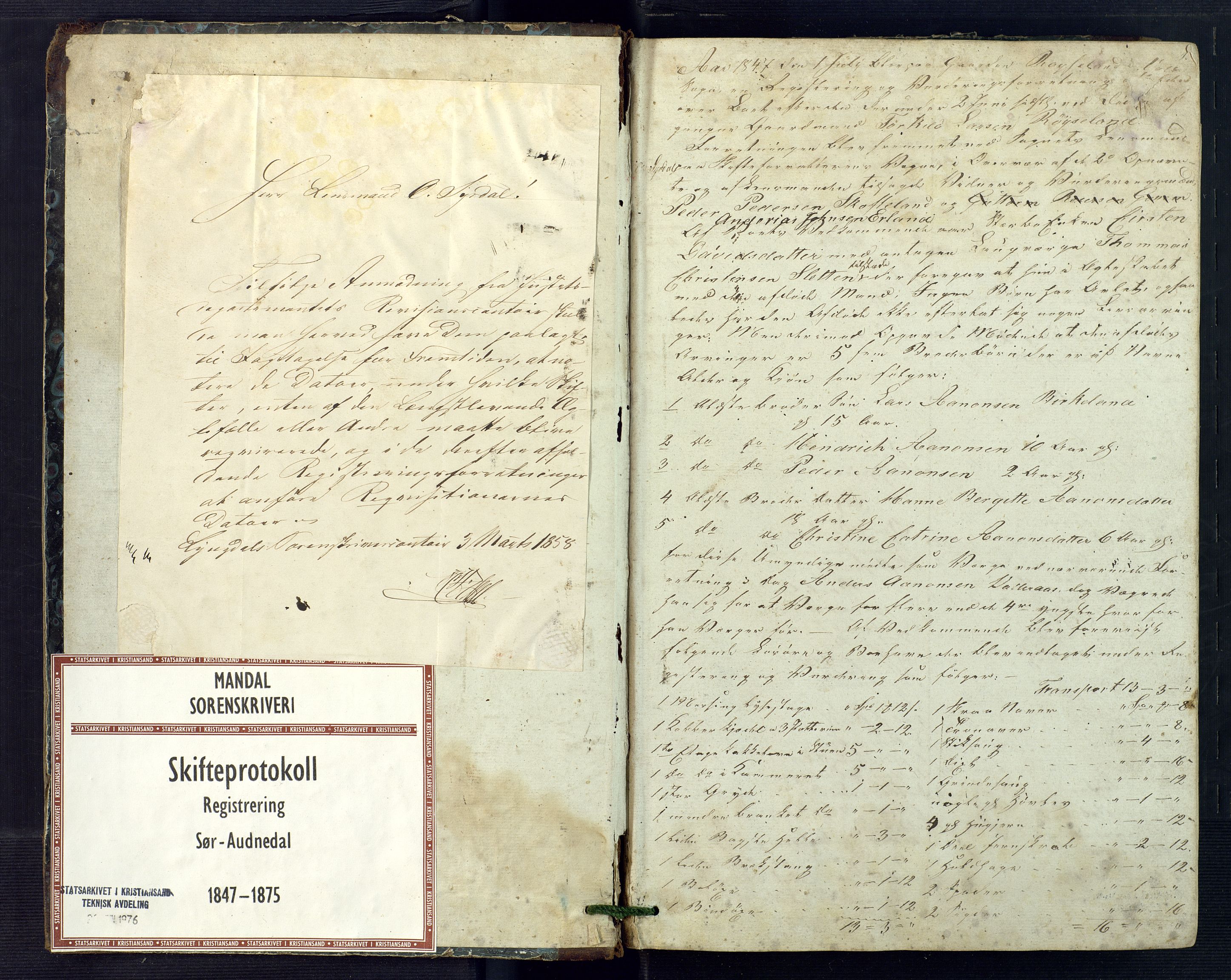 Mandal sorenskriveri, SAK/1221-0005/001/H/Hc/L0062: Skifteregistreringsprotokoll nr 18 Sør-Audnedal, 1847-1875, p. 1