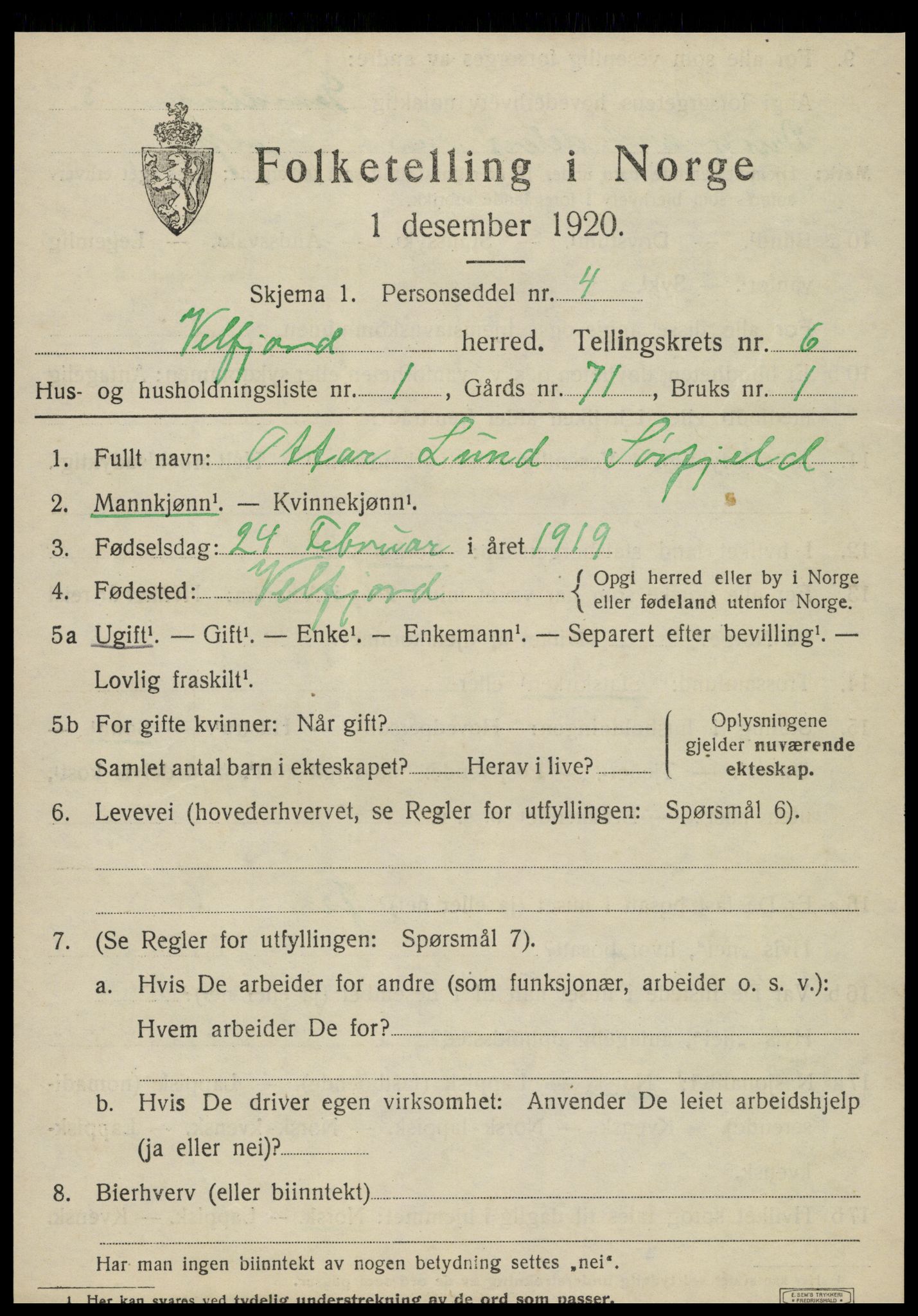 SAT, 1920 census for Velfjord, 1920, p. 3401