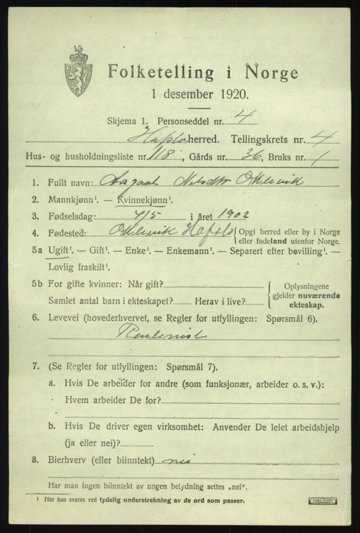 SAB, 1920 census for Hafslo, 1920, p. 3866