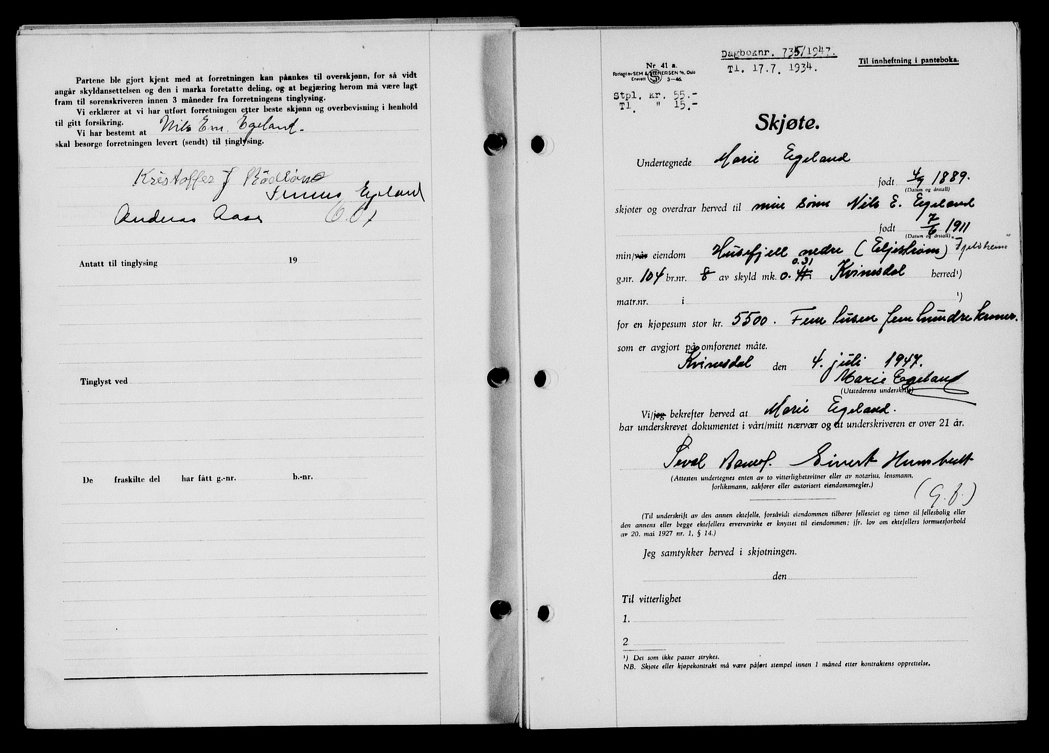 Flekkefjord sorenskriveri, SAK/1221-0001/G/Gb/Gba/L0062: Mortgage book no. A-10, 1947-1947, Diary no: : 735/1947