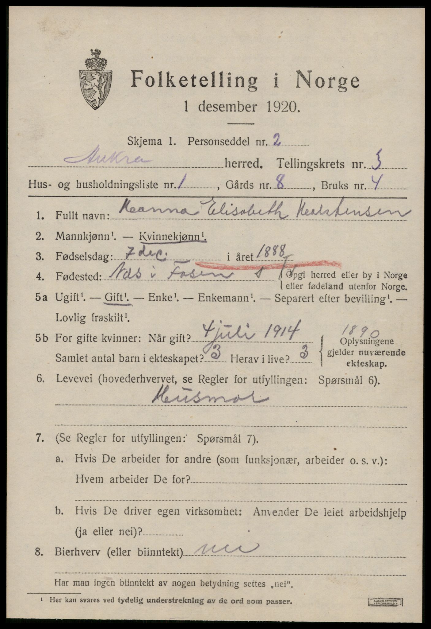 SAT, 1920 census for Aukra, 1920, p. 2543