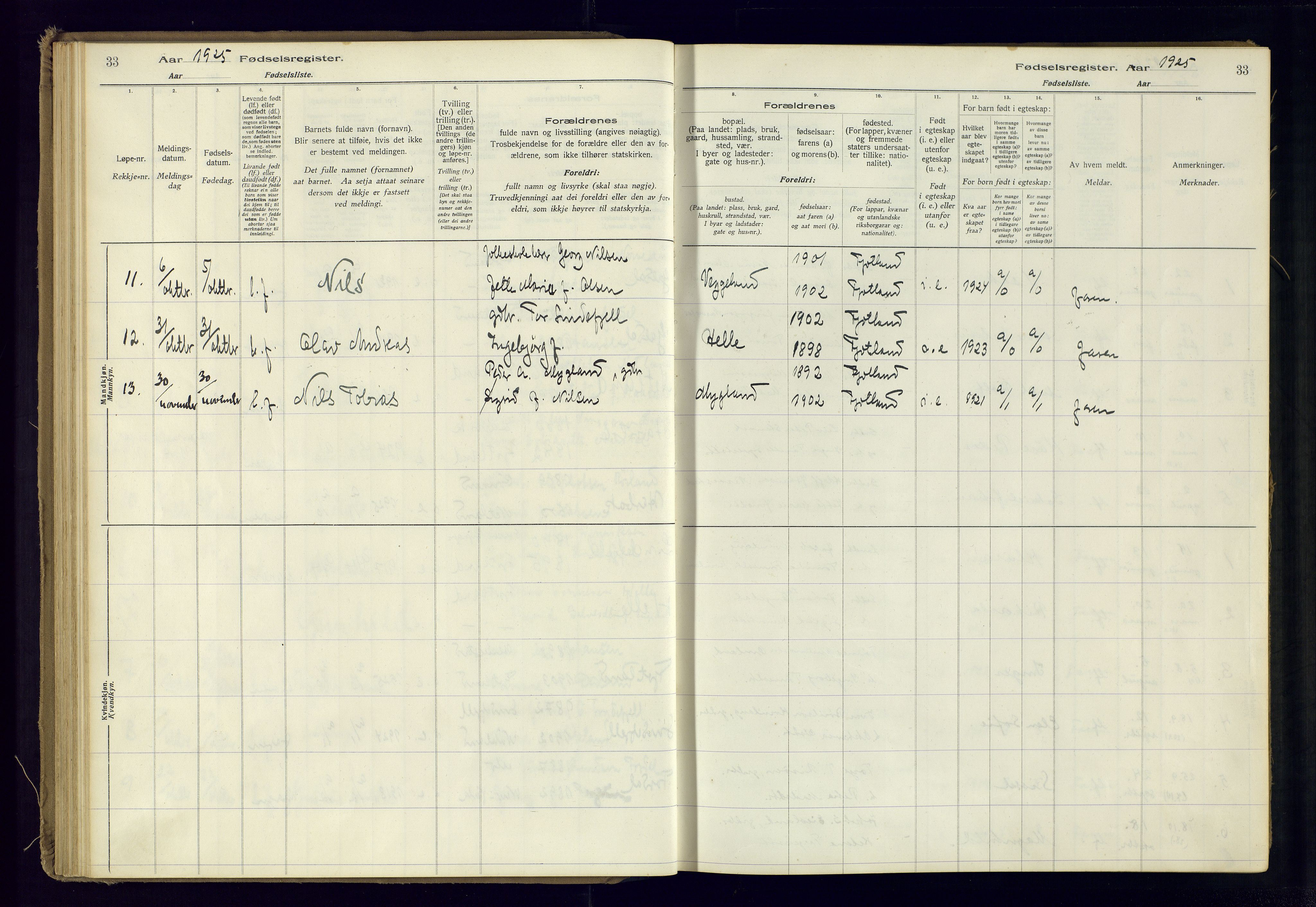 Fjotland sokneprestkontor, AV/SAK-1111-0010/J/Ja/L0001: Birth register no. 1, 1916-1981, p. 33