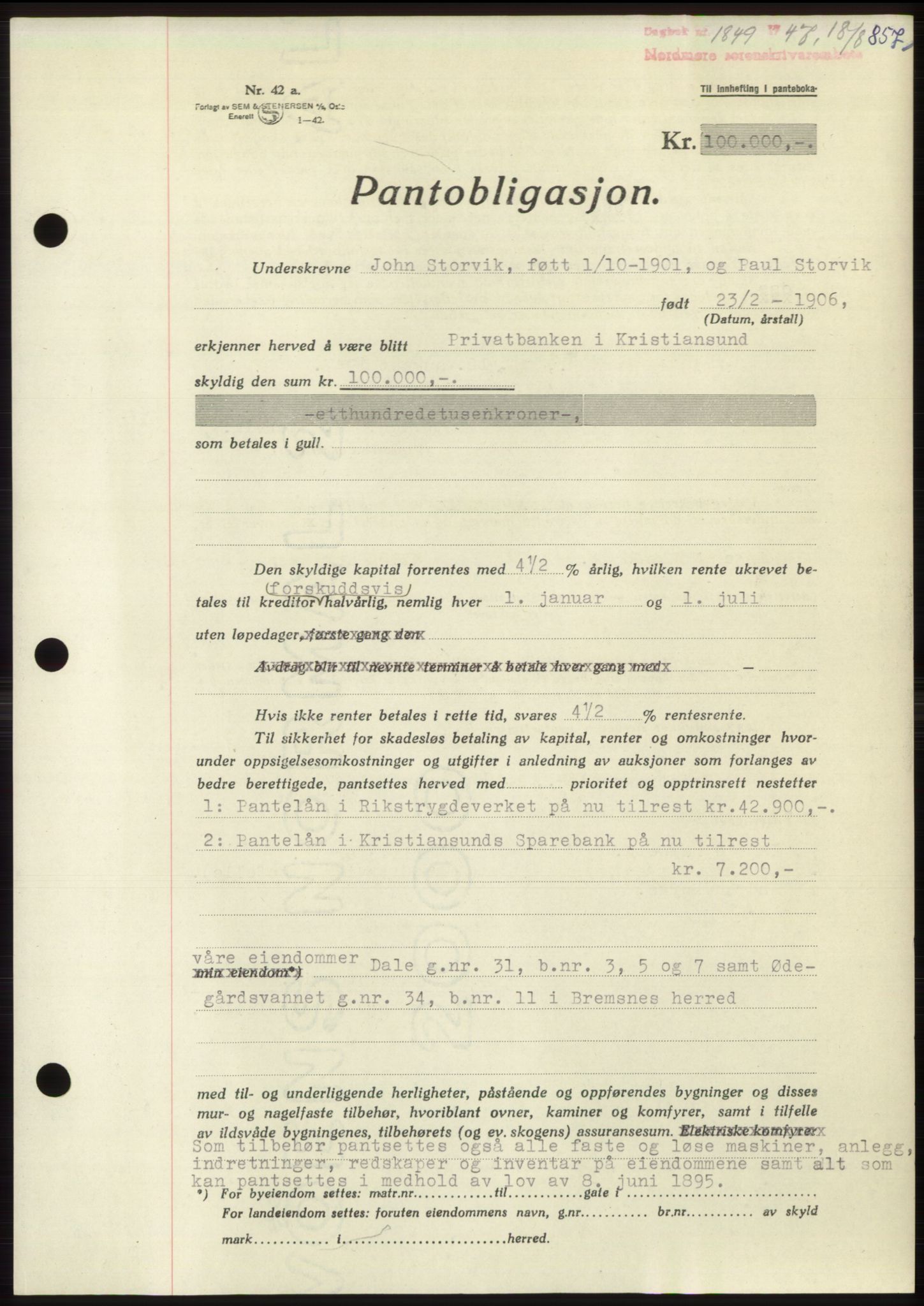 Nordmøre sorenskriveri, AV/SAT-A-4132/1/2/2Ca: Mortgage book no. B96, 1947-1947, Diary no: : 1849/1947