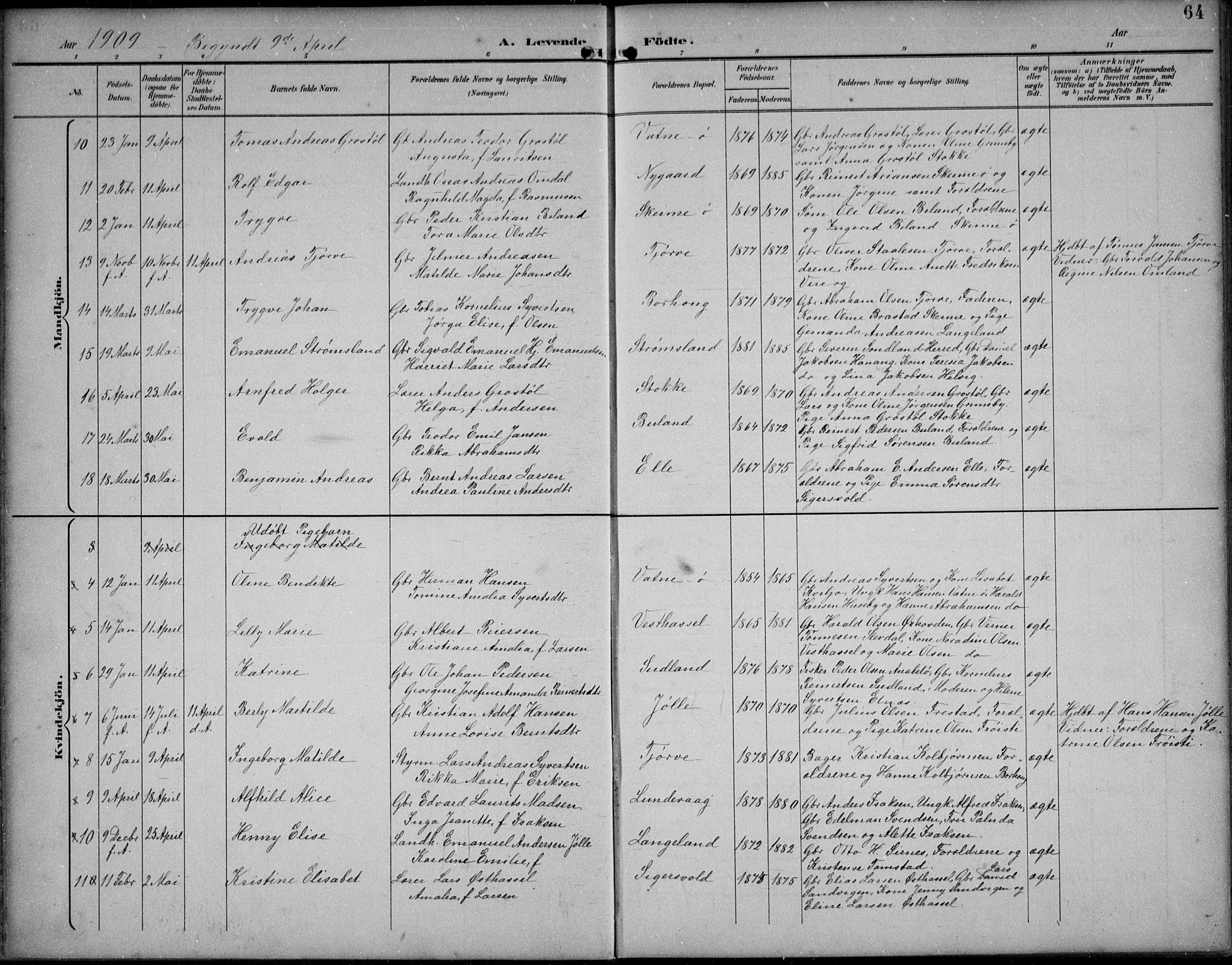 Lista sokneprestkontor, SAK/1111-0027/F/Fb/L0005: Parish register (copy) no. B 5, 1892-1923, p. 64