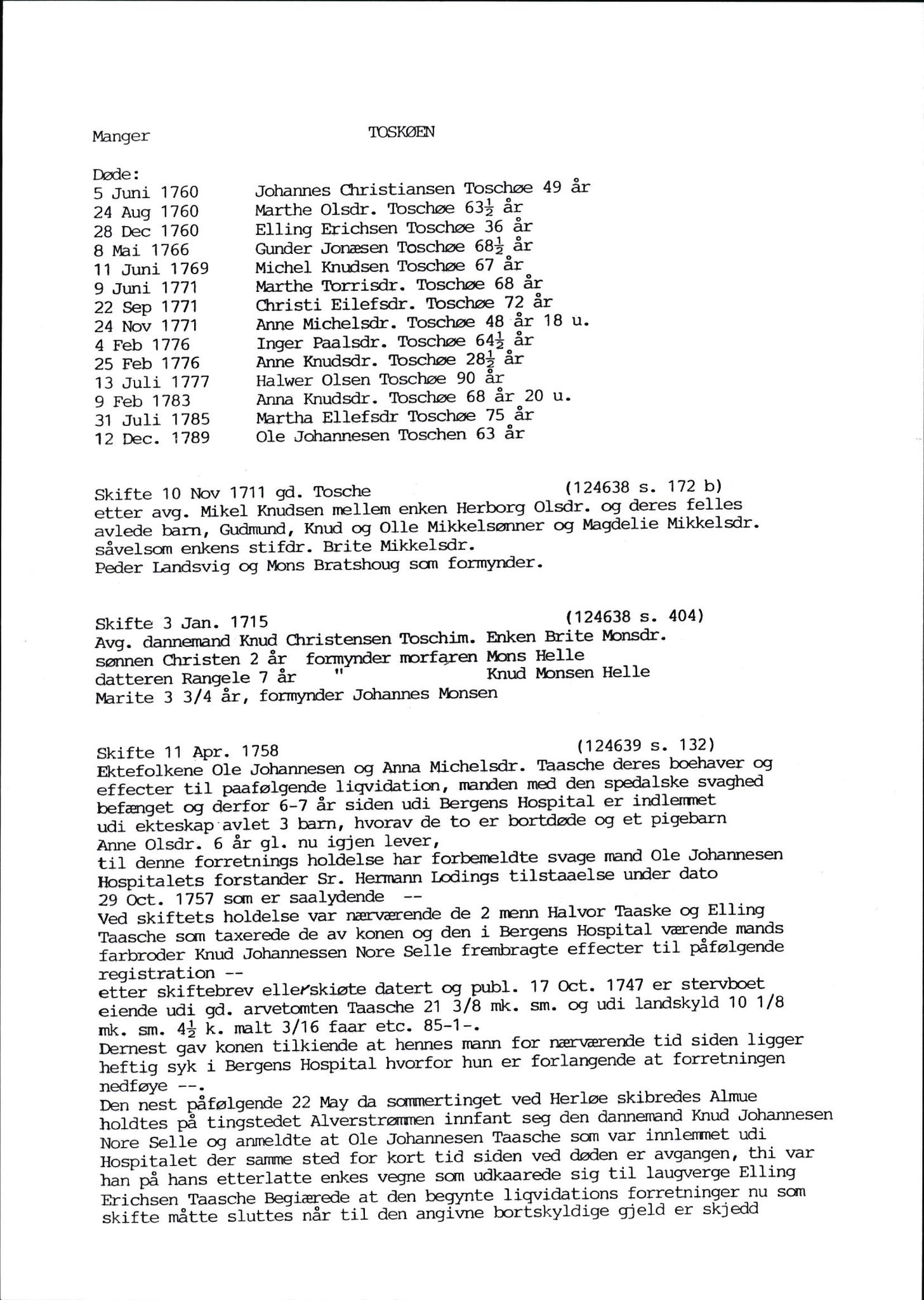 Samling av fulltekstavskrifter, SAB/FULLTEKST/D/12/0001: Skifter og andre opplysninger fra gårder i Manger prestegjeld (soknene Herdla, Bø, Sæbø og Manger) ca. 1700 - ca. 1800, 1700-1800, p. 50