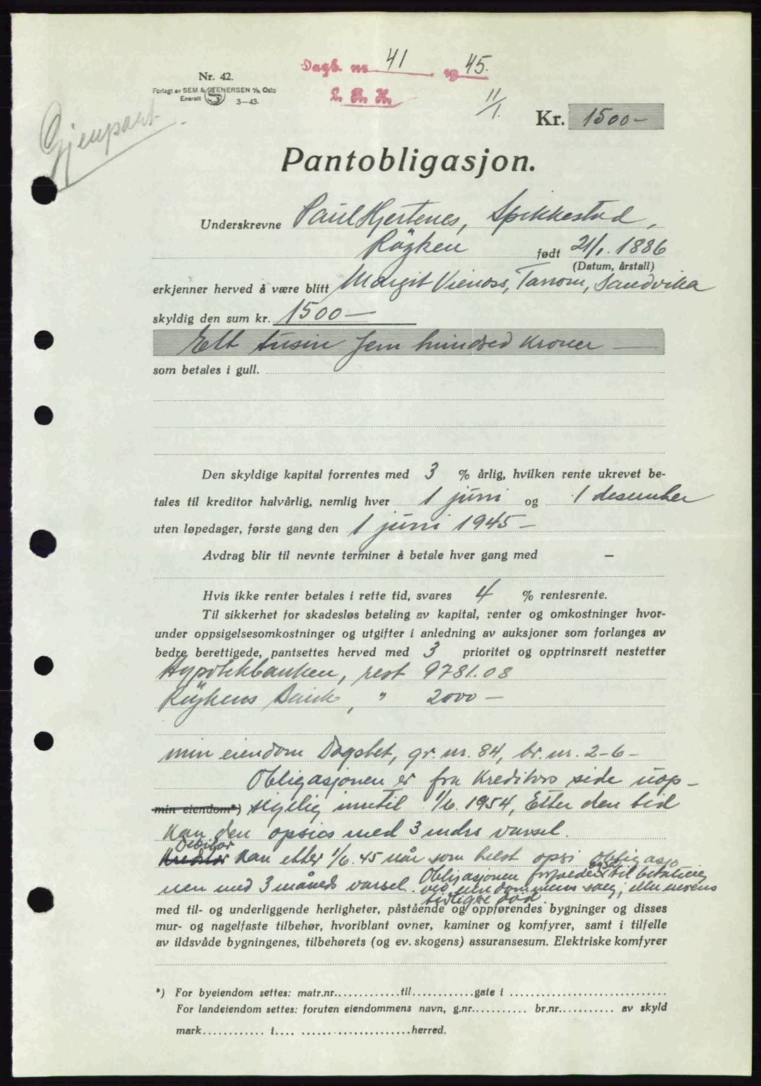 Lier, Røyken og Hurum sorenskriveri, AV/SAKO-A-89/G/Ga/Gab/L0081: Mortgage book no. 81, 1944-1945, Diary no: : 41/1945