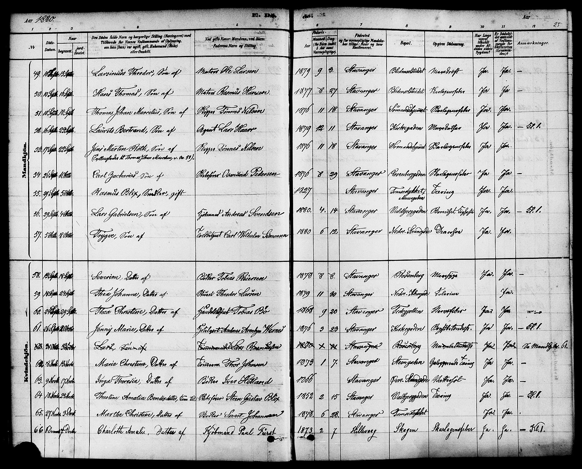 Domkirken sokneprestkontor, AV/SAST-A-101812/001/30/30BA/L0027: Parish register (official) no. A 26, 1878-1896, p. 25