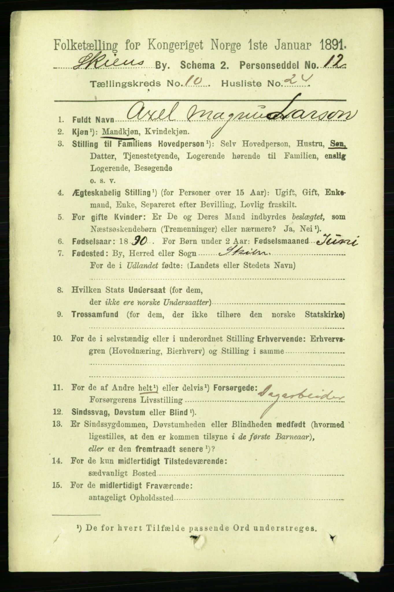 RA, 1891 census for 0806 Skien, 1891, p. 3851