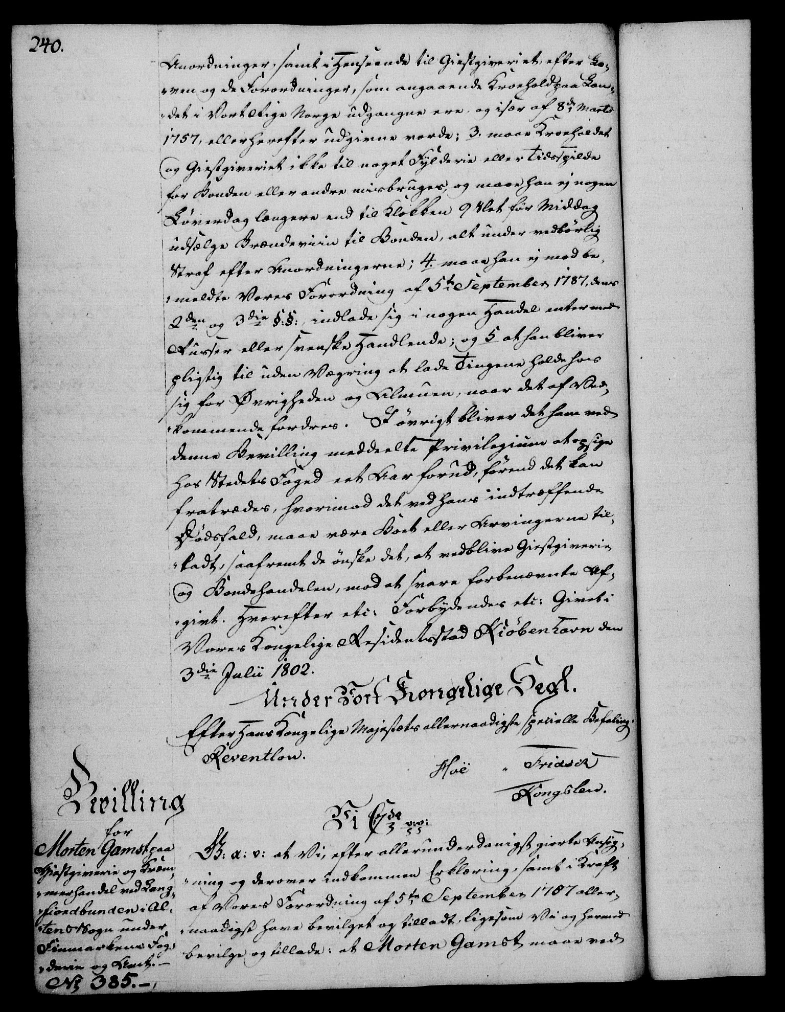 Rentekammeret, Kammerkanselliet, RA/EA-3111/G/Gg/Gga/L0017: Norsk ekspedisjonsprotokoll med register (merket RK 53.17), 1801-1803, p. 240