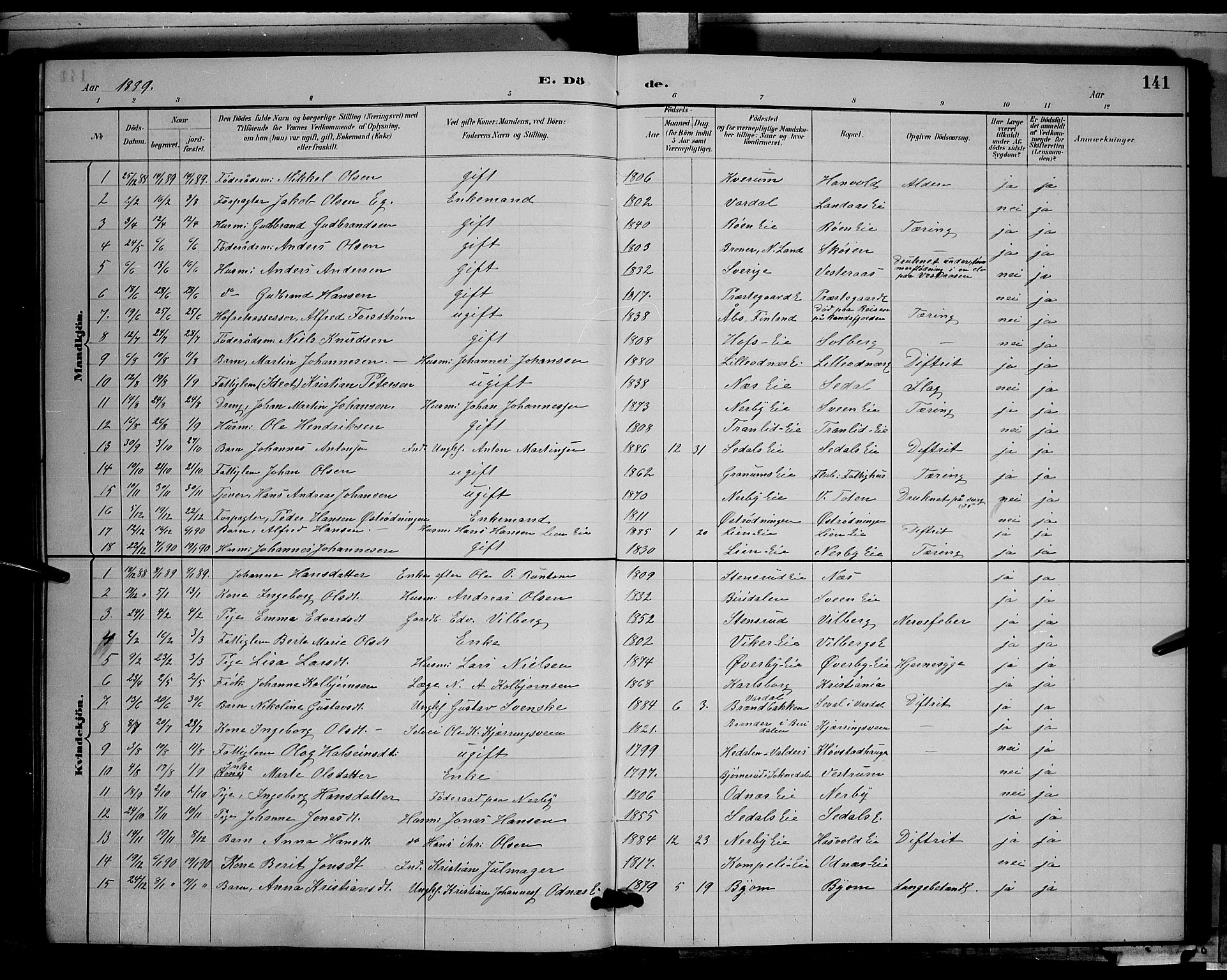 Søndre Land prestekontor, AV/SAH-PREST-122/L/L0003: Parish register (copy) no. 3, 1884-1902, p. 141