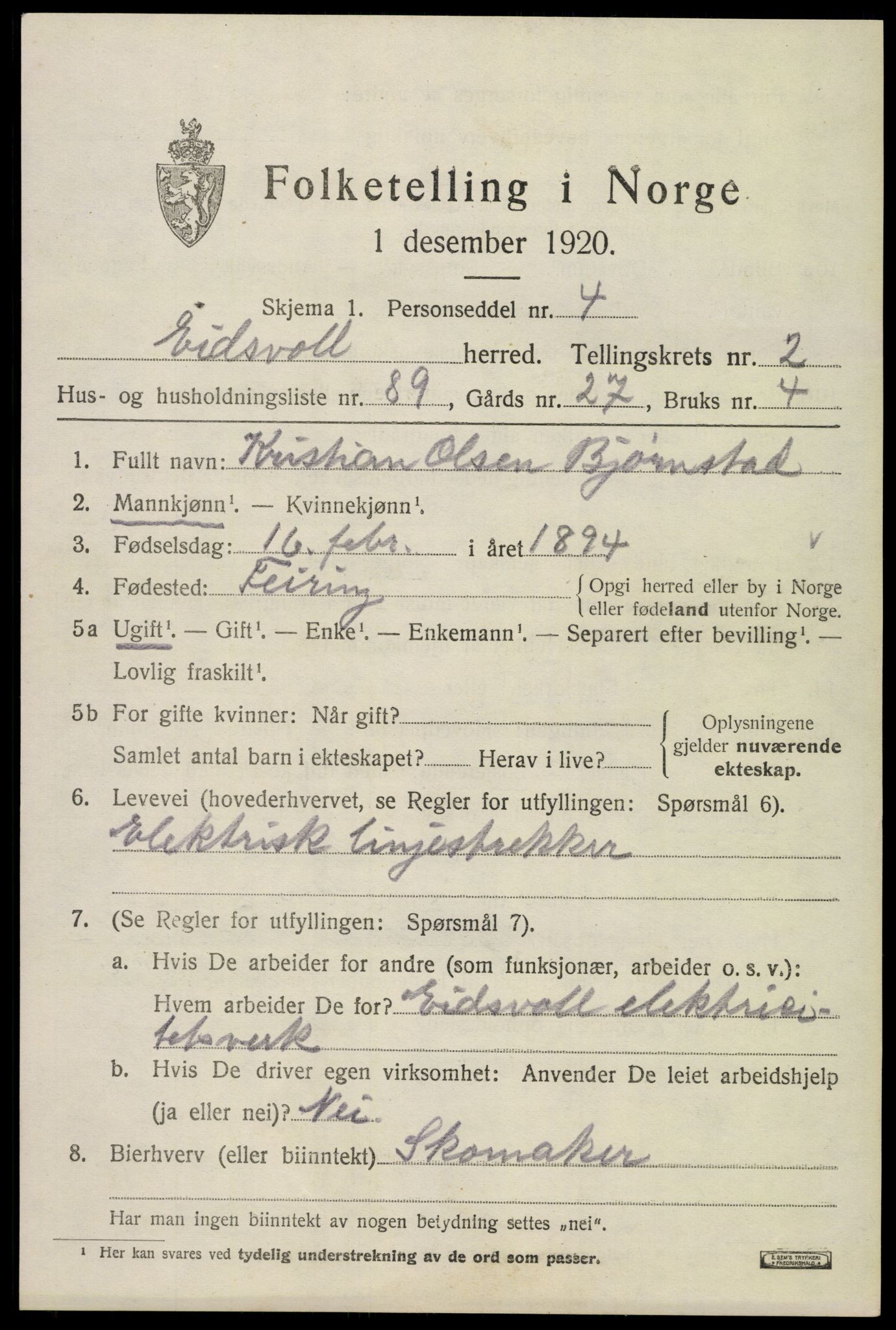 SAO, 1920 census for Eidsvoll, 1920, p. 7615