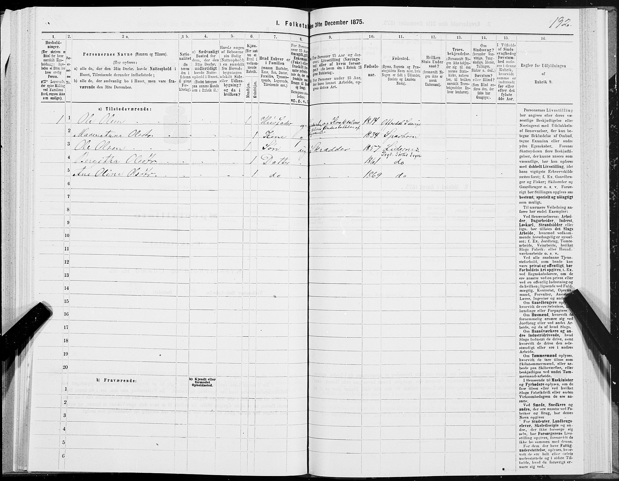 SAT, 1875 census for 1736P Snåsa, 1875, p. 1192