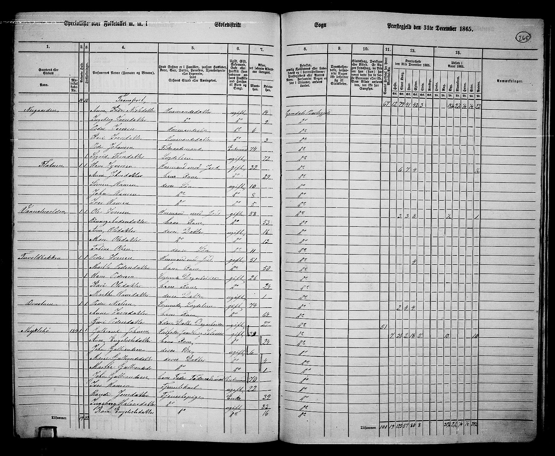 RA, 1865 census for Gausdal, 1865, p. 228