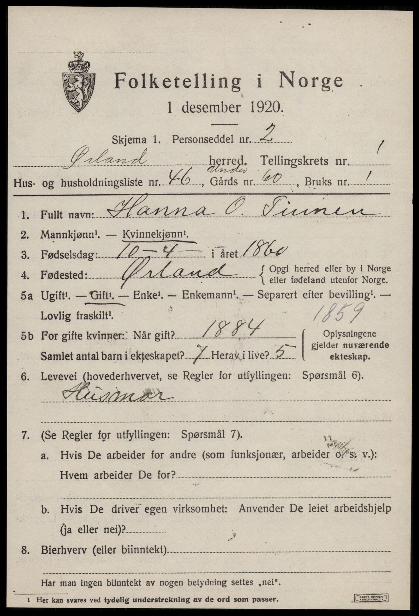 SAT, 1920 census for Ørland, 1920, p. 1919