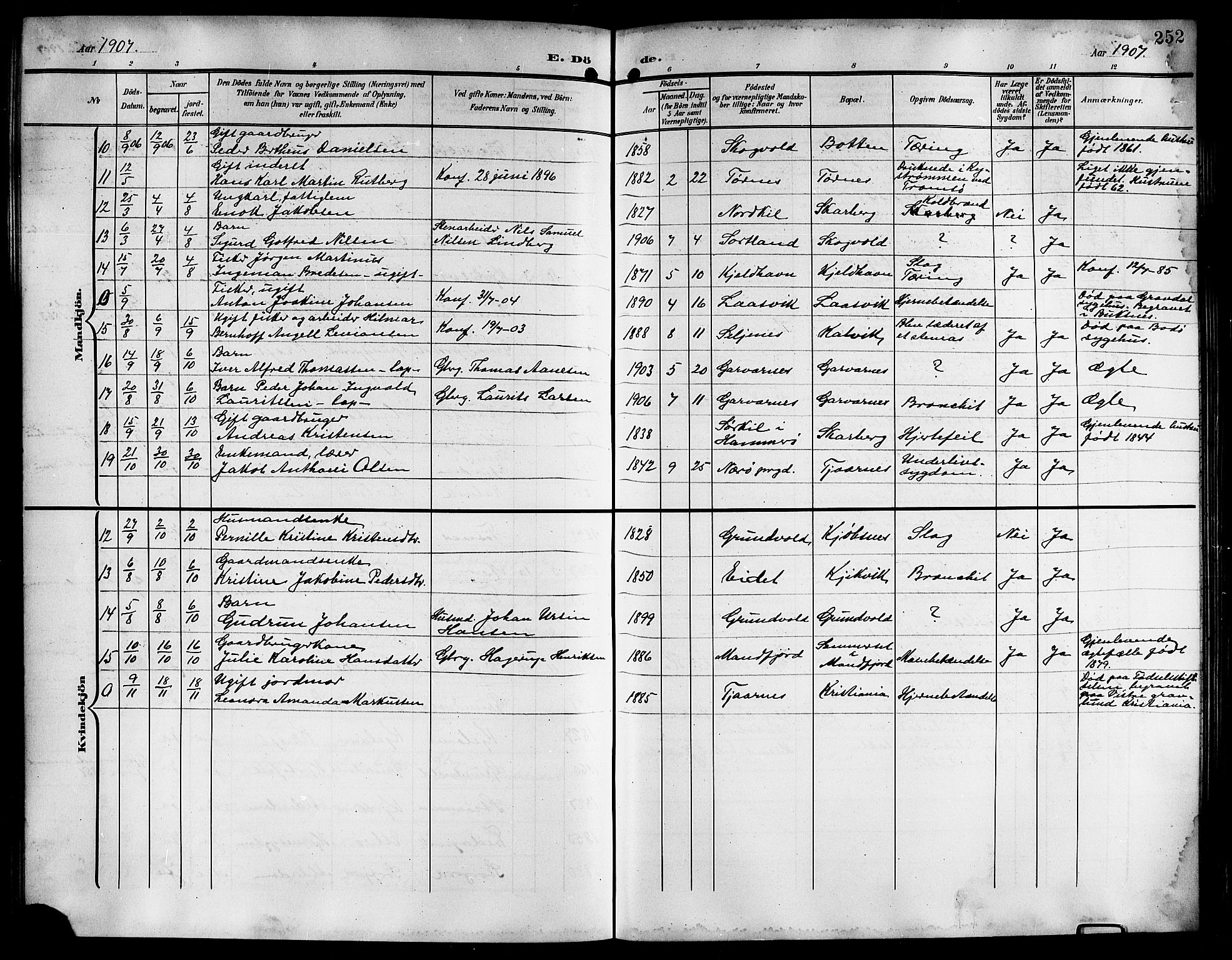 Ministerialprotokoller, klokkerbøker og fødselsregistre - Nordland, AV/SAT-A-1459/861/L0877: Parish register (copy) no. 861C03, 1903-1919, p. 252