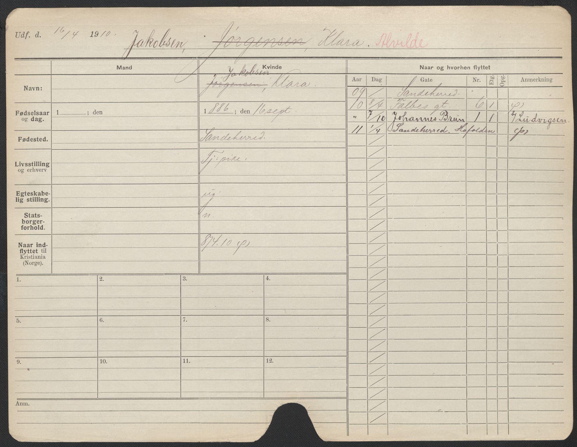 Oslo folkeregister, Registerkort, AV/SAO-A-11715/F/Fa/Fac/L0017: Kvinner, 1906-1914, p. 228a