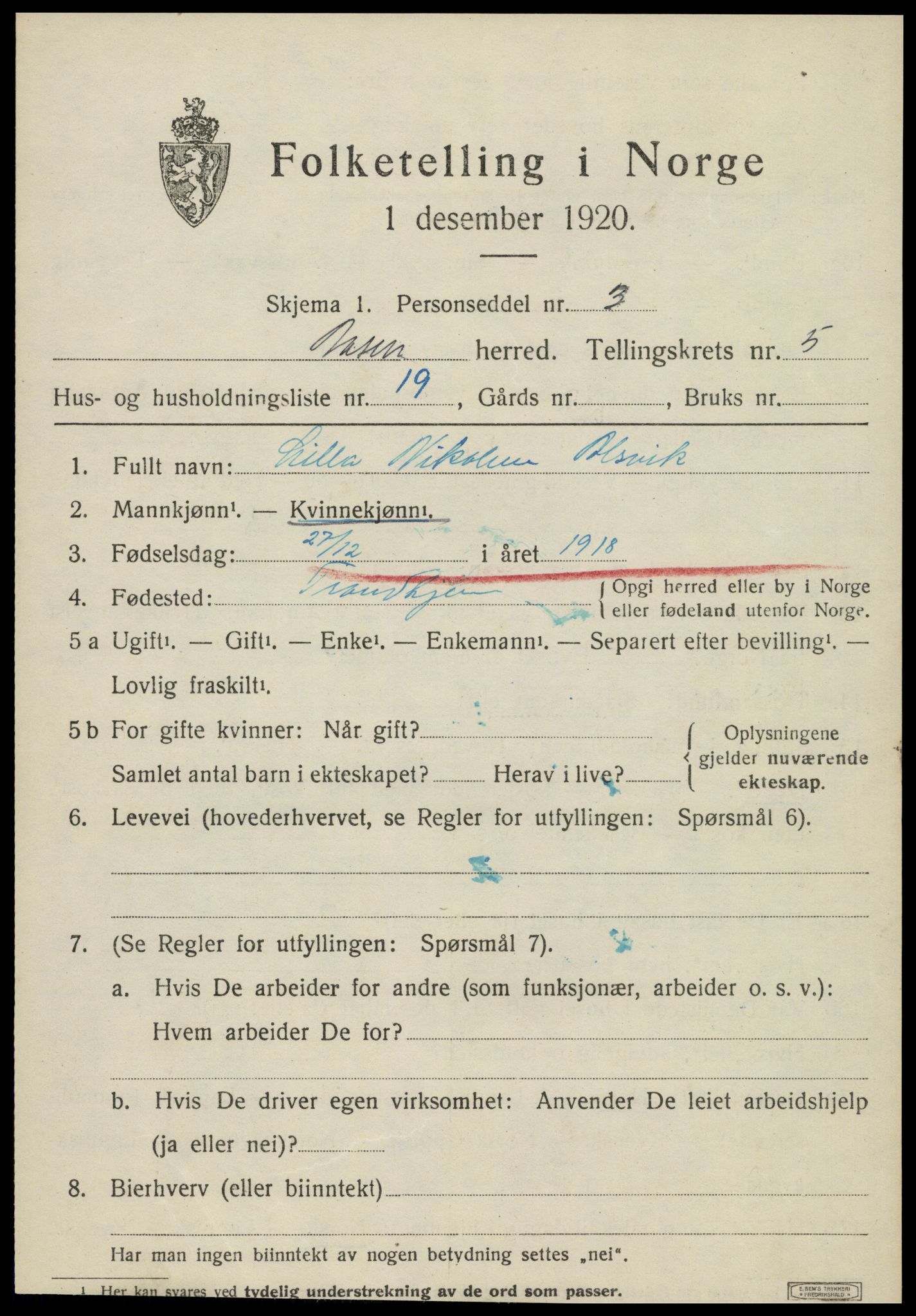 SAT, 1920 census for Åsen, 1920, p. 4248