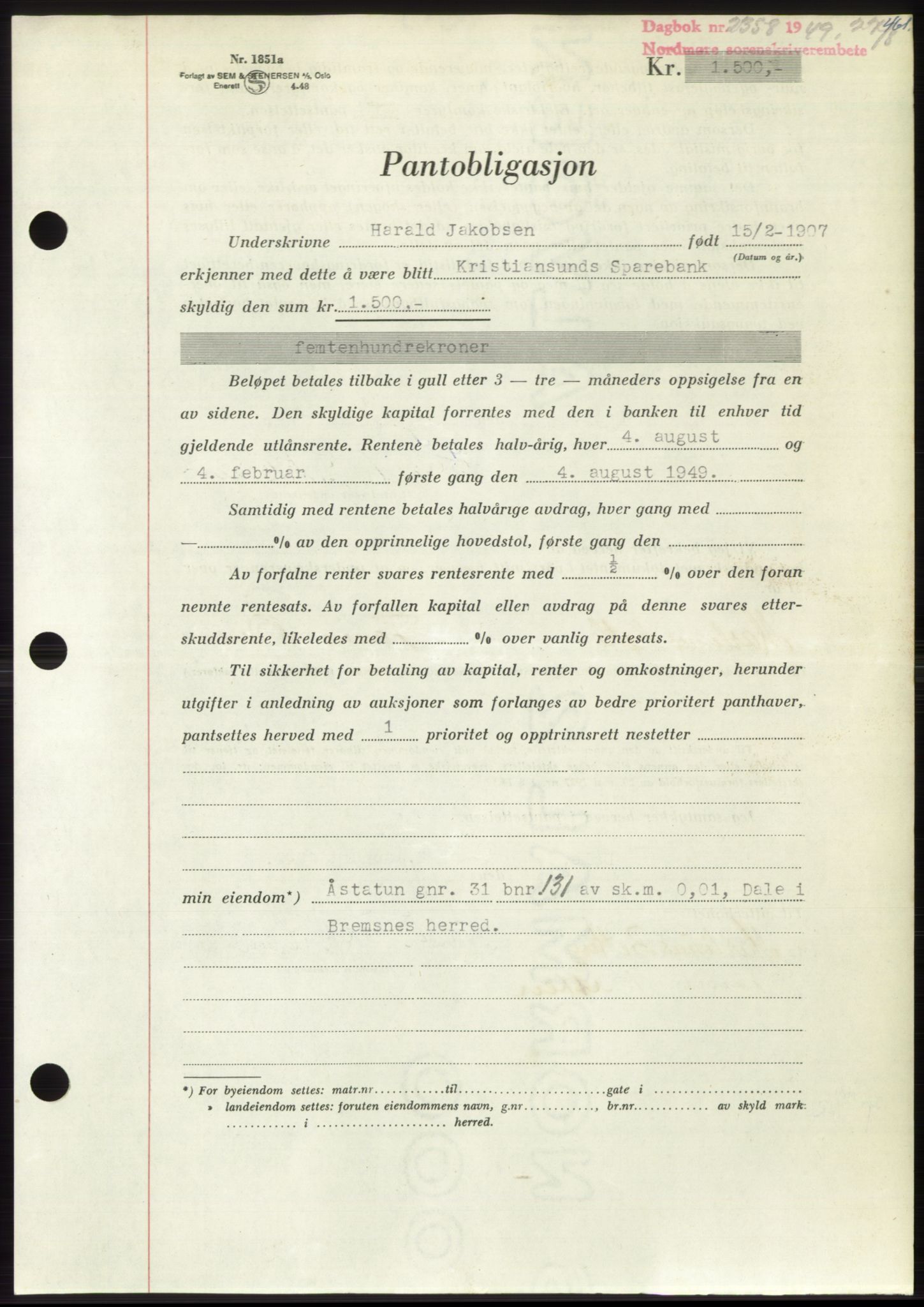 Nordmøre sorenskriveri, AV/SAT-A-4132/1/2/2Ca: Mortgage book no. B102, 1949-1949, Diary no: : 2358/1949