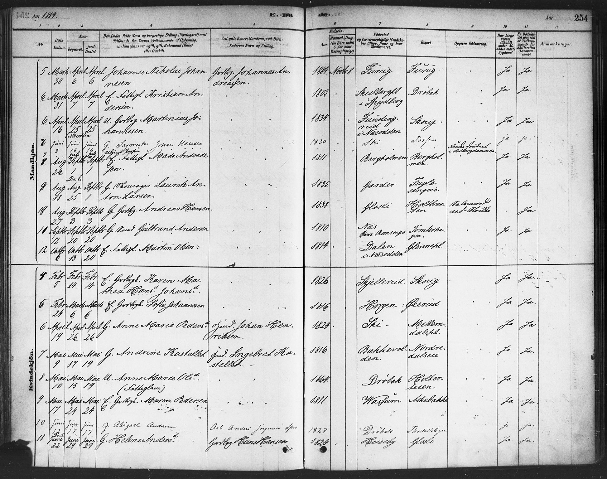 Drøbak prestekontor Kirkebøker, SAO/A-10142a/F/Fc/L0002: Parish register (official) no. III 2, 1878-1891, p. 254