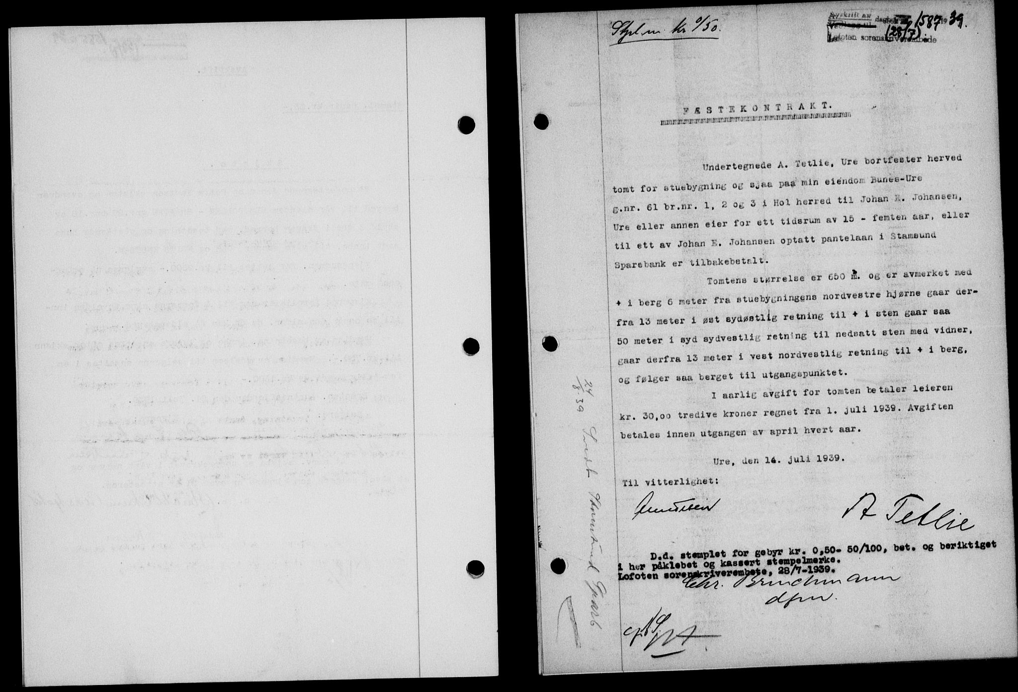 Lofoten sorenskriveri, SAT/A-0017/1/2/2C/L0006a: Mortgage book no. 6a, 1939-1939, Diary no: : 1587/1939