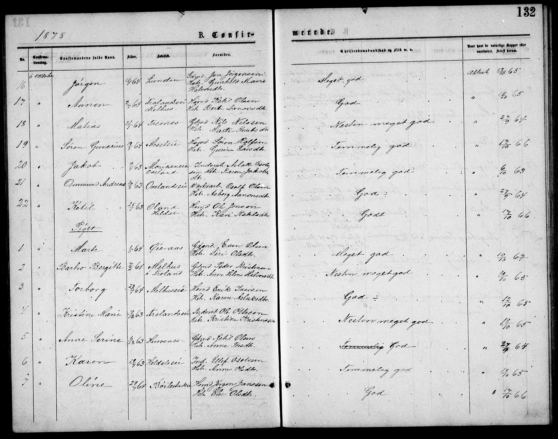 Froland sokneprestkontor, AV/SAK-1111-0013/F/Fb/L0009: Parish register (copy) no. B 9, 1875-1893, p. 132