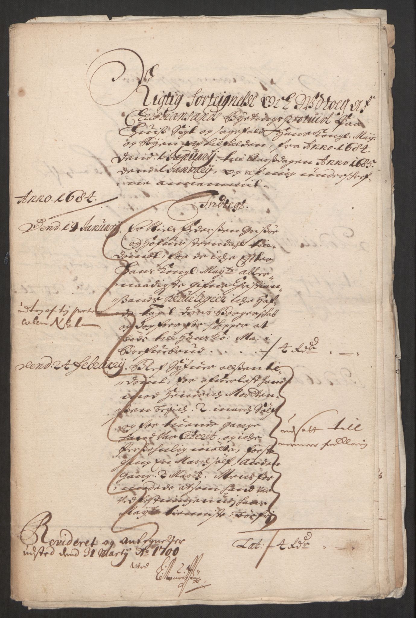 Rentekammeret inntil 1814, Reviderte regnskaper, Byregnskaper, RA/EA-4066/R/Rm/L0285: [M18] Sikt og sakefall, 1681-1718, p. 35