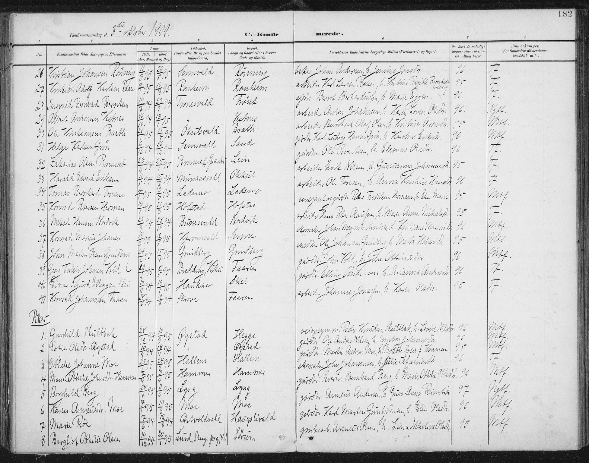 Ministerialprotokoller, klokkerbøker og fødselsregistre - Nord-Trøndelag, SAT/A-1458/723/L0246: Parish register (official) no. 723A15, 1900-1917, p. 182