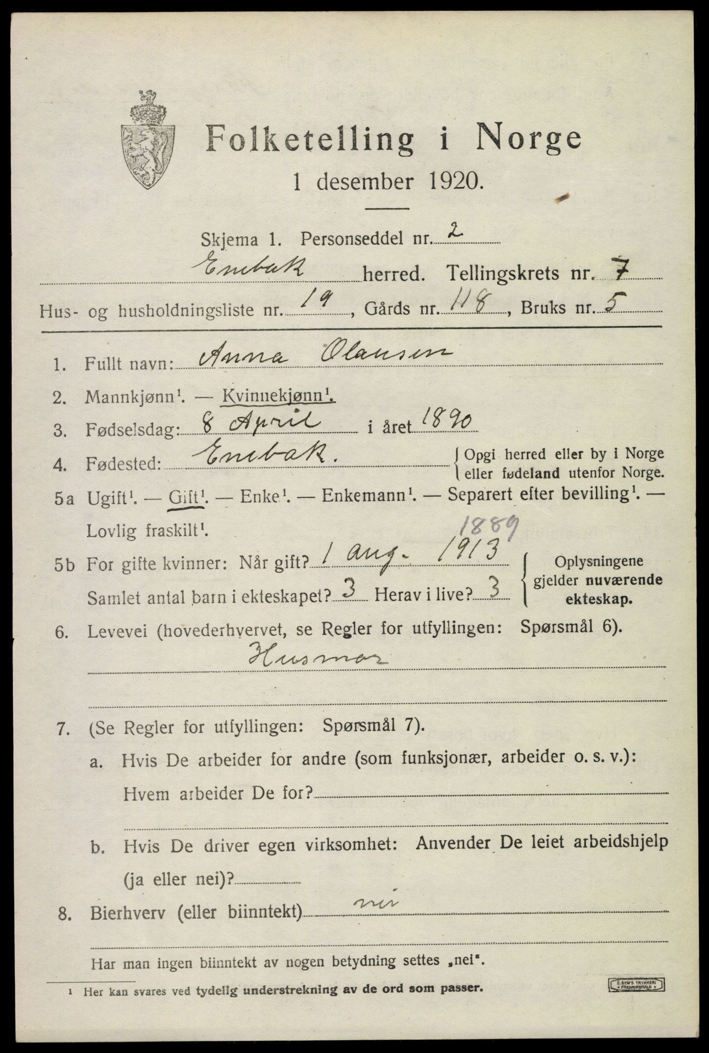 SAO, 1920 census for Enebakk, 1920, p. 6329