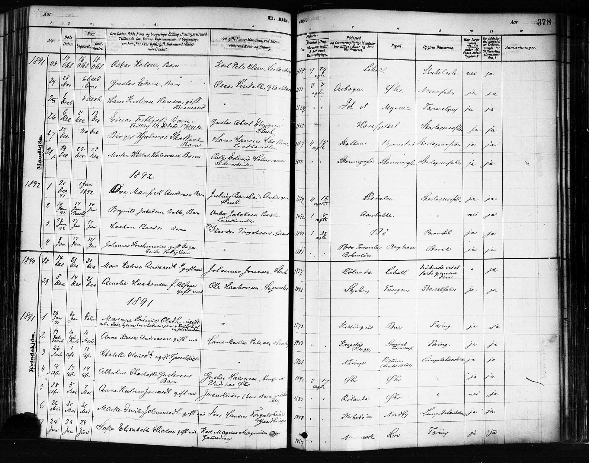 Idd prestekontor Kirkebøker, AV/SAO-A-10911/F/Fc/L0006b: Parish register (official) no. III 6B, 1878-1903, p. 378