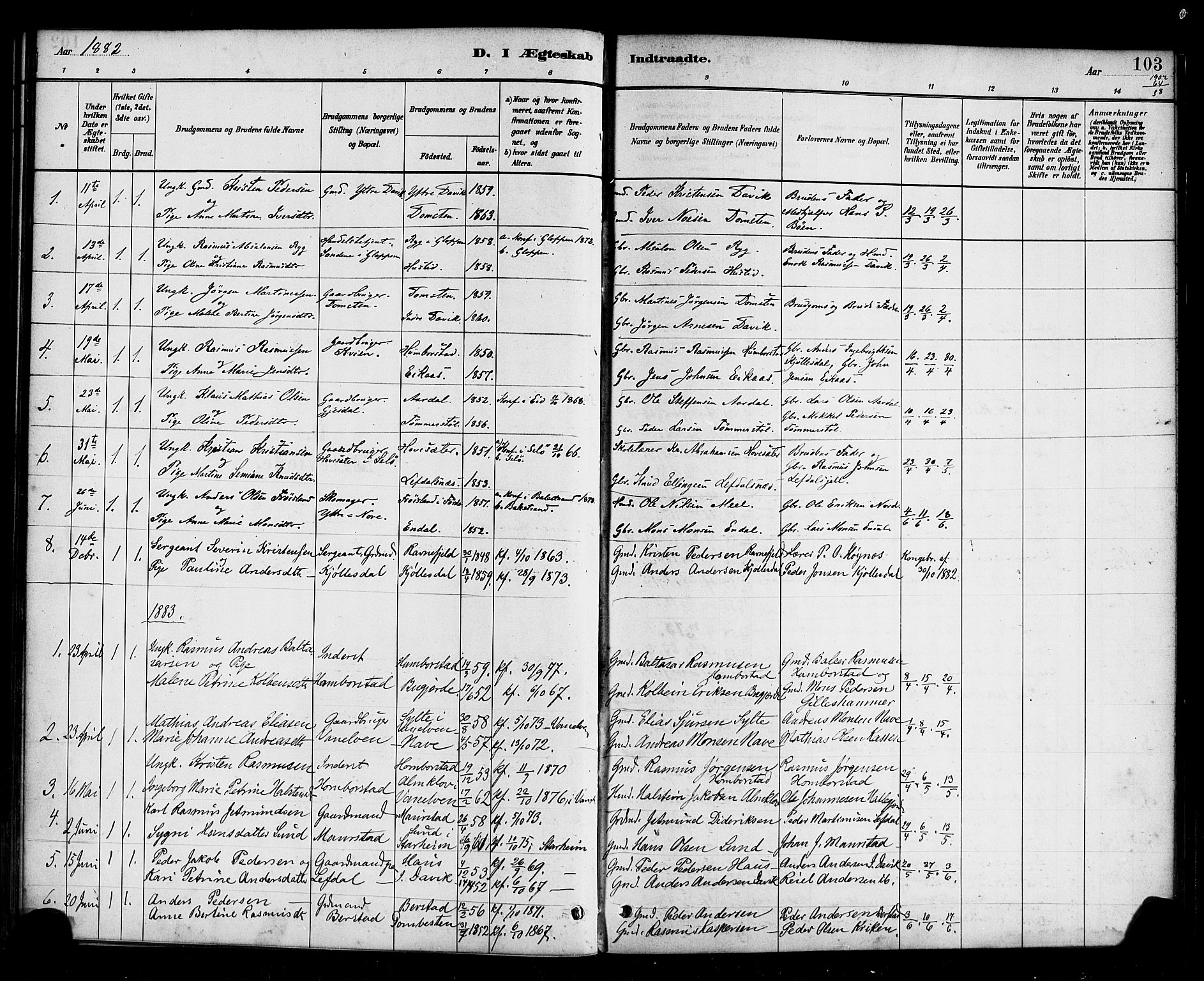 Davik sokneprestembete, AV/SAB-A-79701/H/Haa/Haab/L0001: Parish register (official) no. B 1, 1882-1900, p. 103