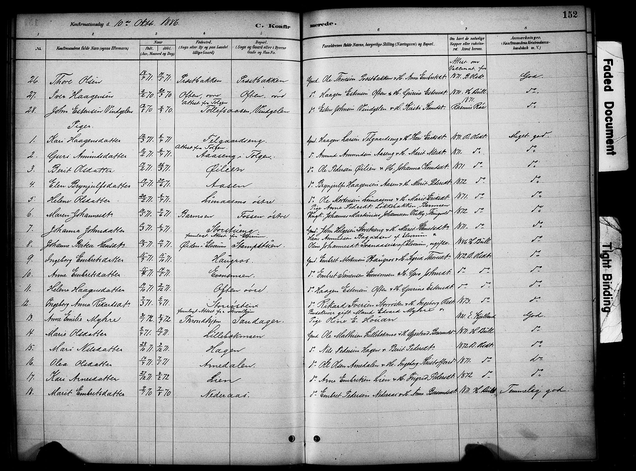 Tynset prestekontor, SAH/PREST-058/H/Ha/Hab/L0006: Parish register (copy) no. 6, 1880-1899, p. 152
