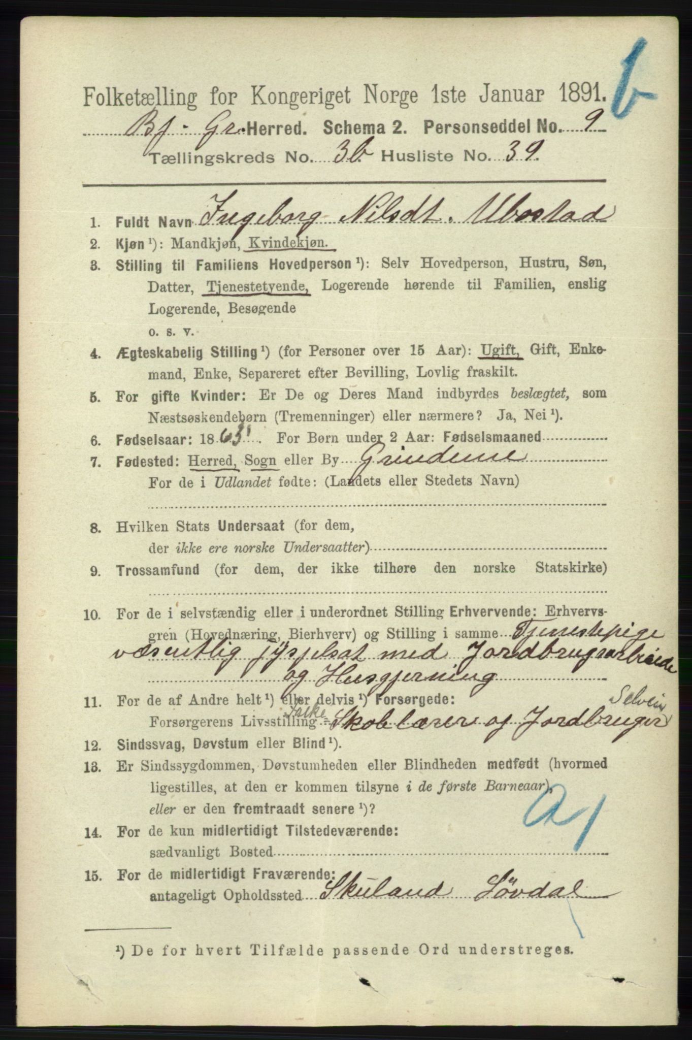 RA, 1891 census for 1024 Bjelland og Grindheim, 1891, p. 2024