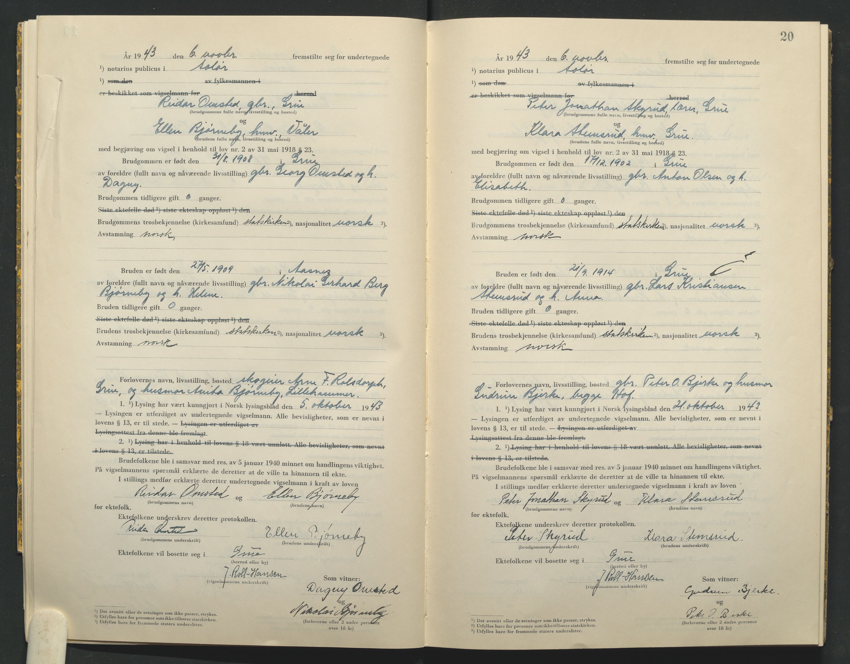 Solør tingrett, AV/SAH-TING-008/L/Lb/L0002: Vigselprotokoll, 1943-1944, p. 20