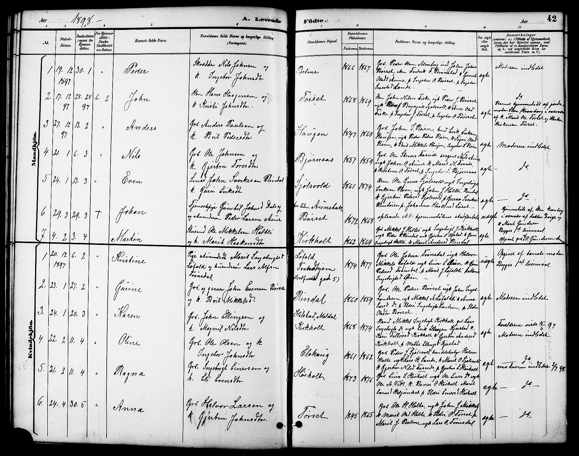 Ministerialprotokoller, klokkerbøker og fødselsregistre - Møre og Romsdal, SAT/A-1454/598/L1078: Parish register (copy) no. 598C03, 1892-1909, p. 42