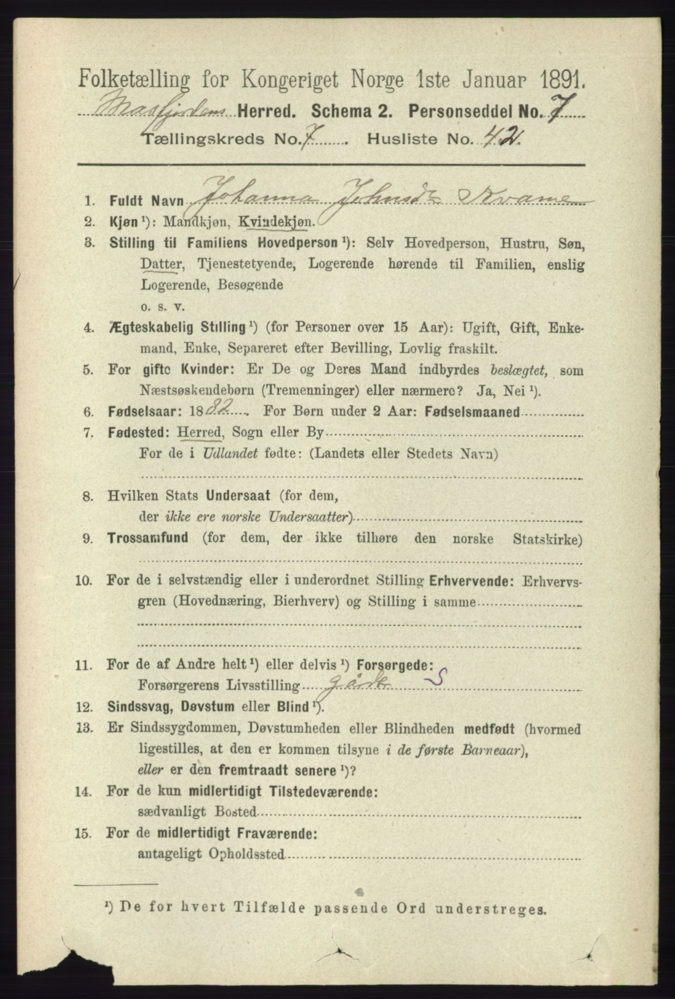 RA, 1891 census for 1266 Masfjorden, 1891, p. 1486