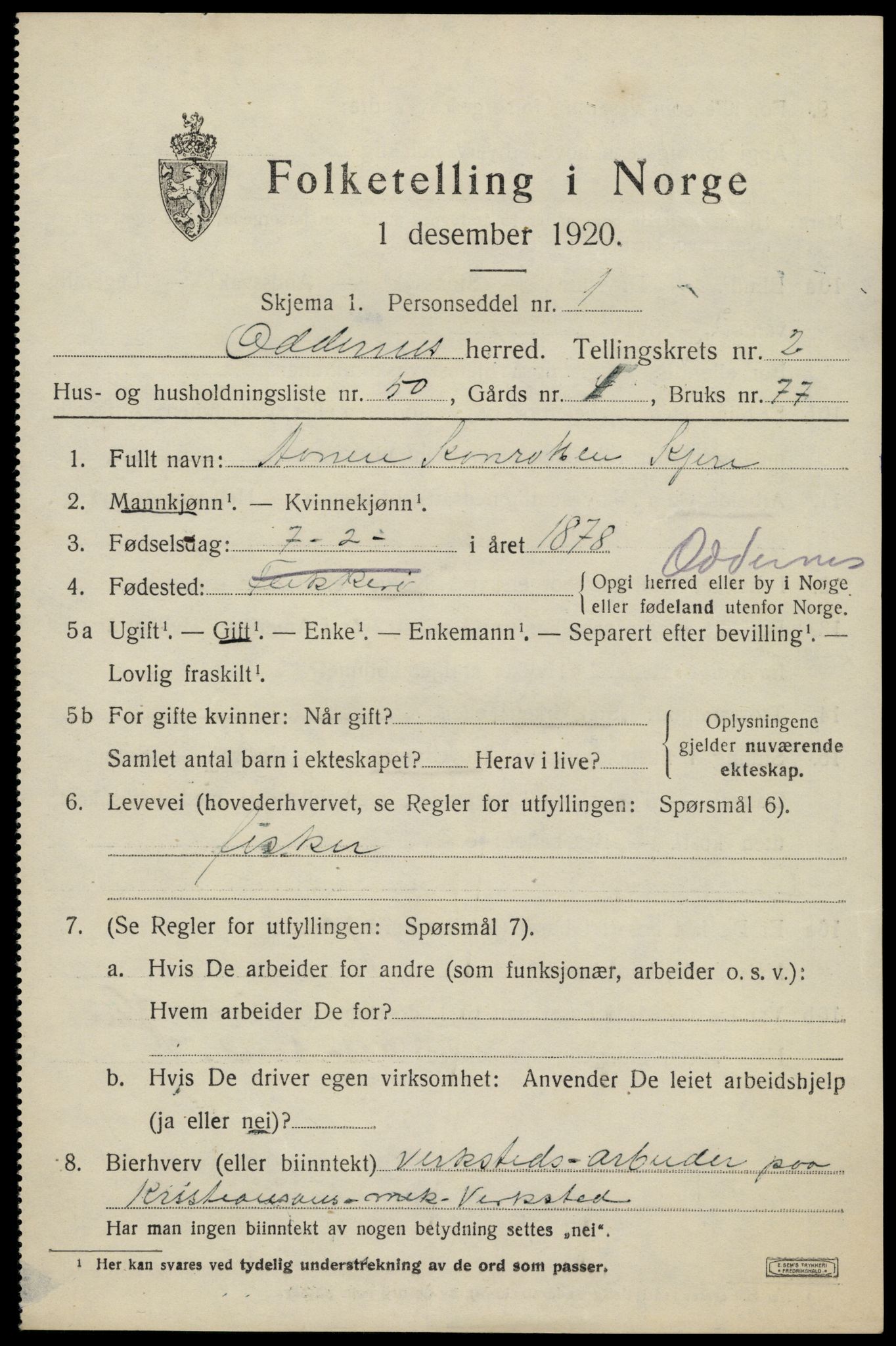 SAK, 1920 census for Oddernes, 1920, p. 3341