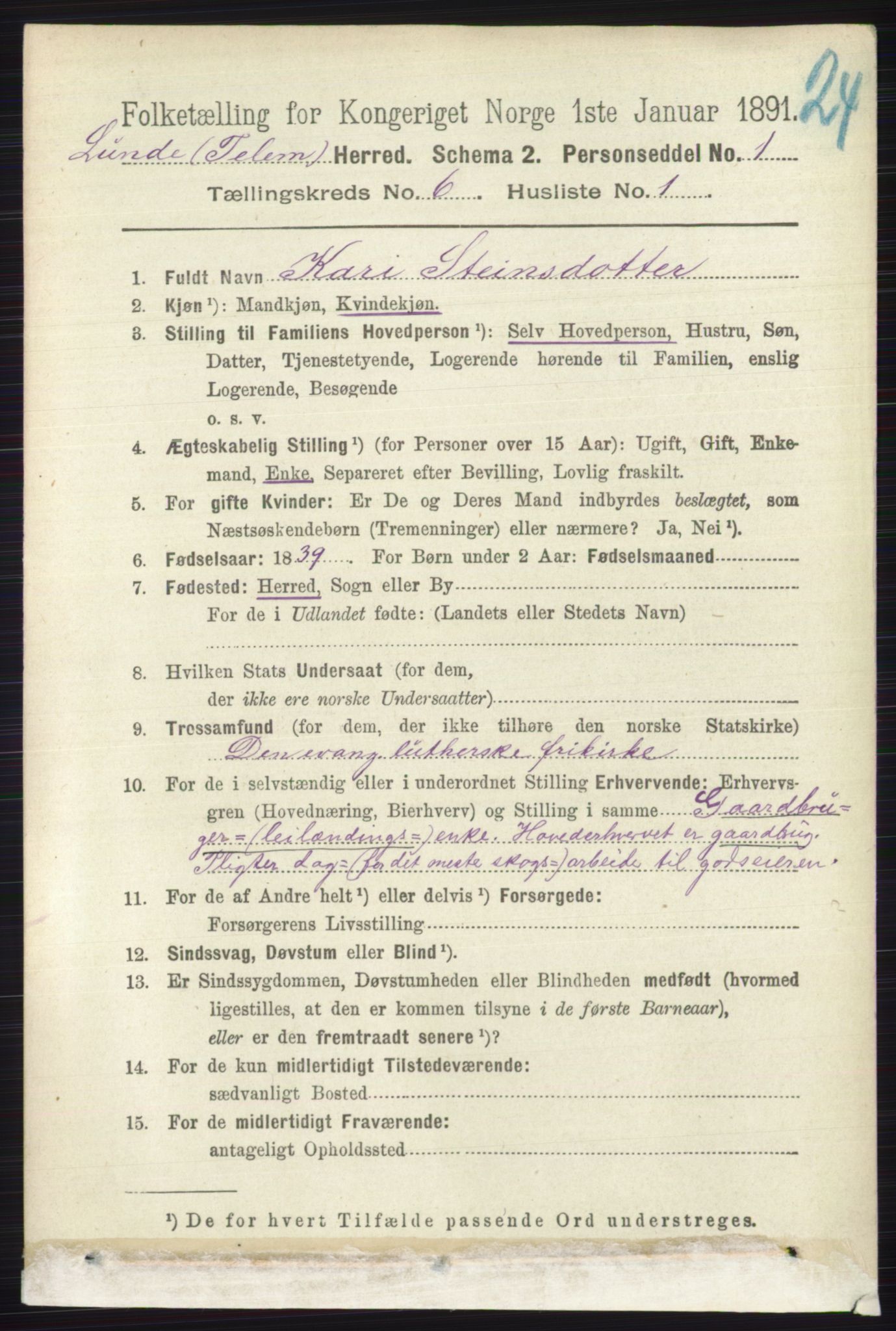 RA, 1891 census for 0820 Lunde, 1891, p. 2032