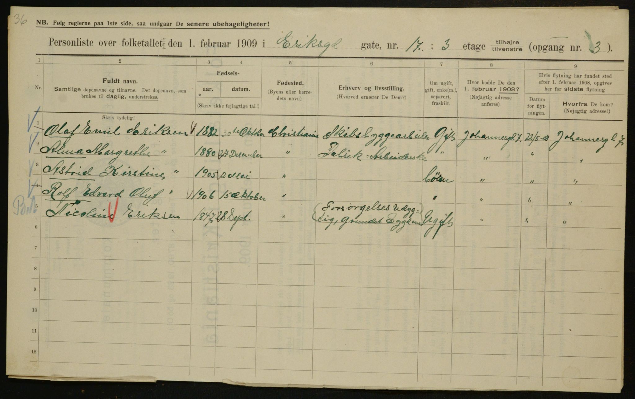 OBA, Municipal Census 1909 for Kristiania, 1909, p. 18164