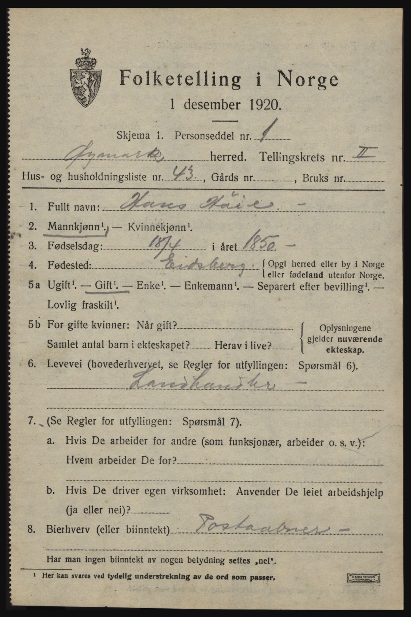 SAO, 1920 census for Øymark, 1920, p. 1713