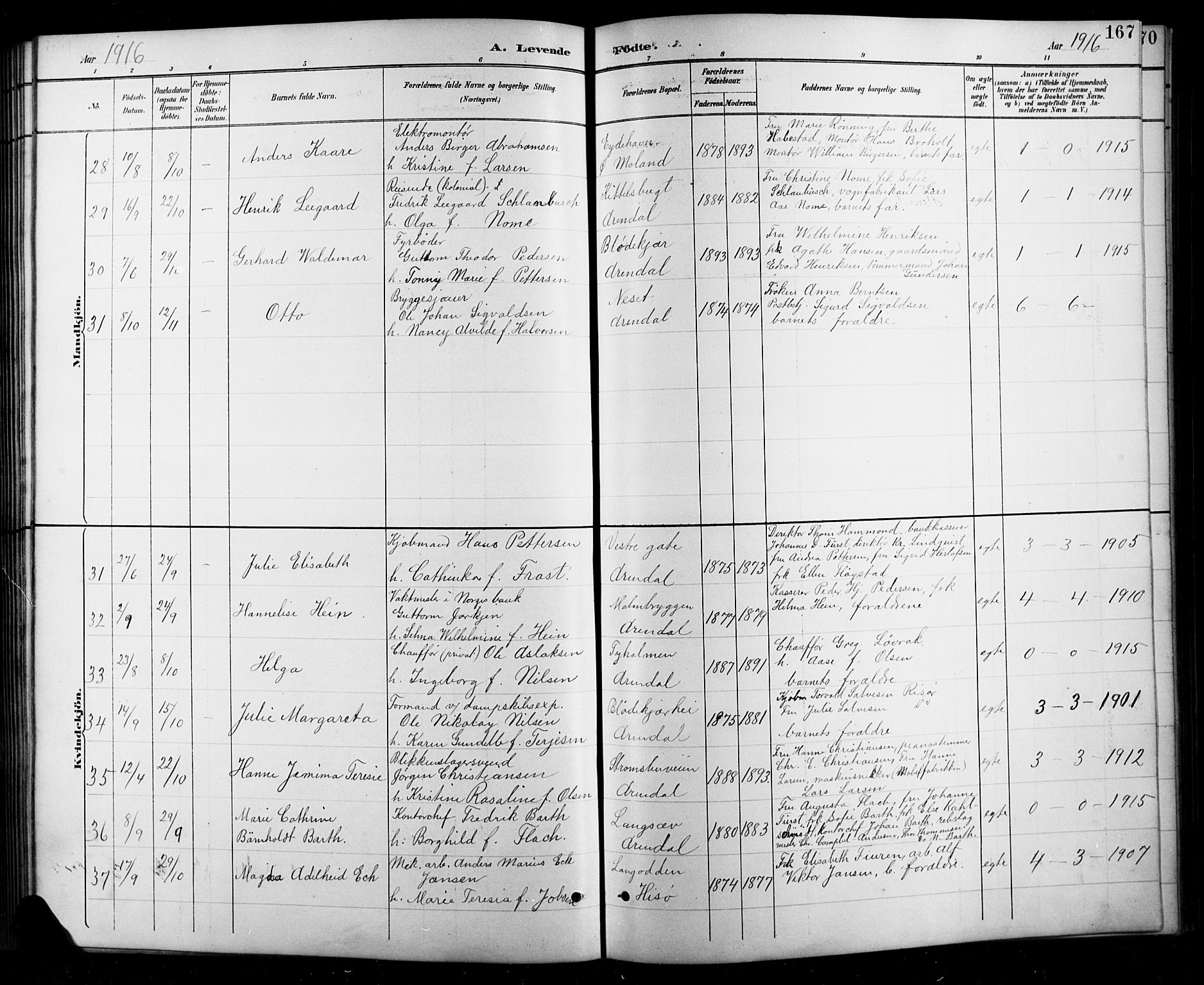 Arendal sokneprestkontor, Trefoldighet, AV/SAK-1111-0040/F/Fb/L0006: Parish register (copy) no. B 6, 1889-1916, p. 167