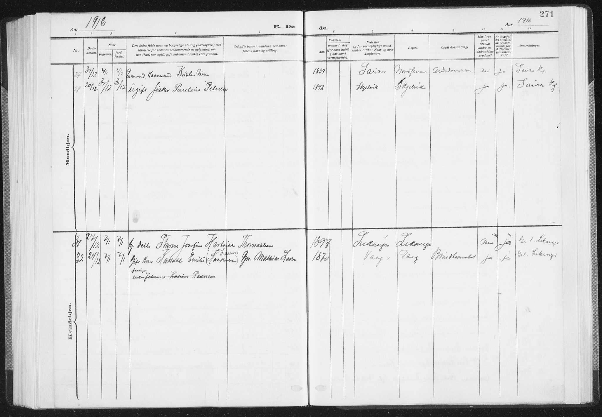 Ministerialprotokoller, klokkerbøker og fødselsregistre - Nordland, AV/SAT-A-1459/805/L0104: Parish register (official) no. 805A09, 1909-1926, p. 271