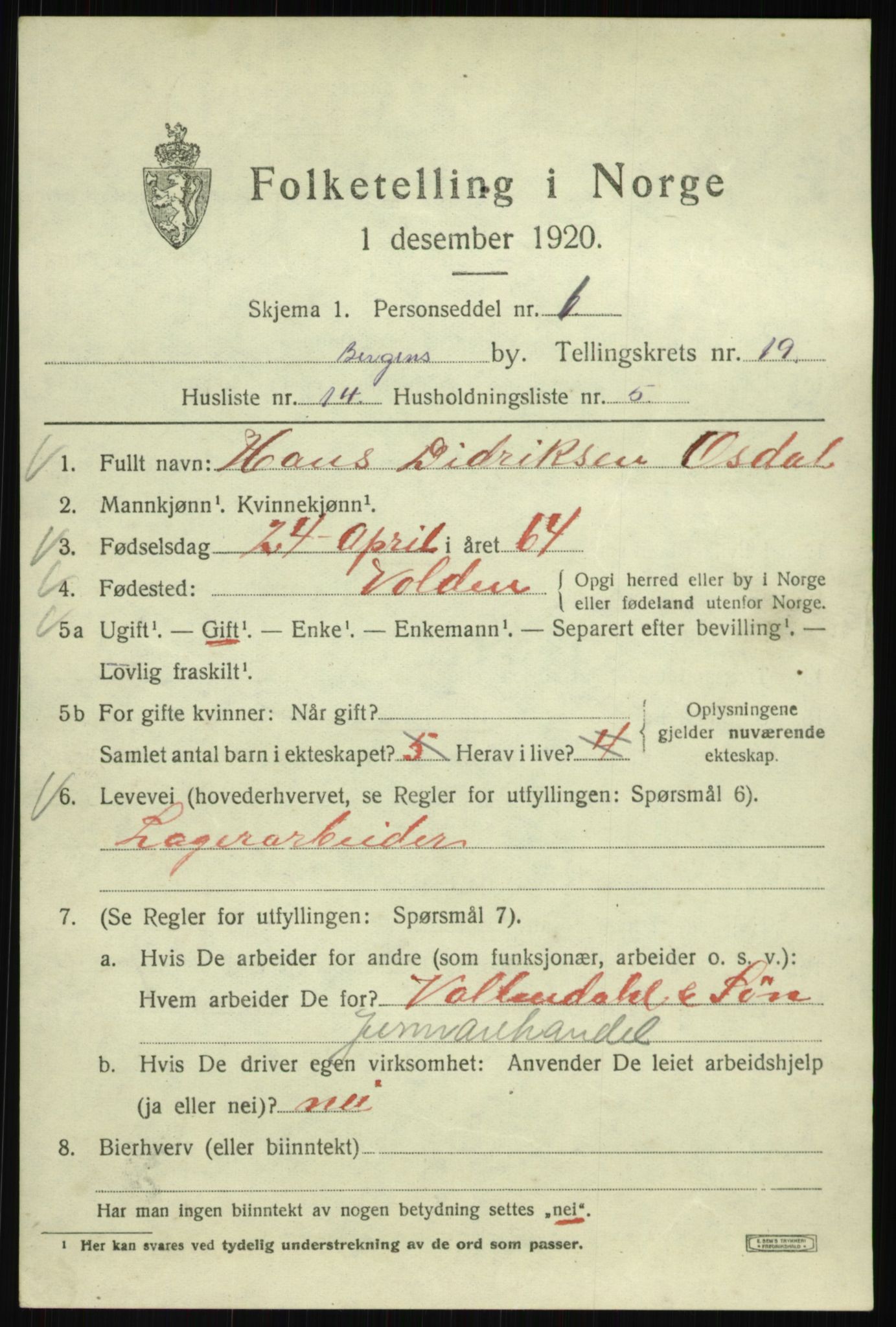 SAB, 1920 census for Bergen, 1920, p. 82866