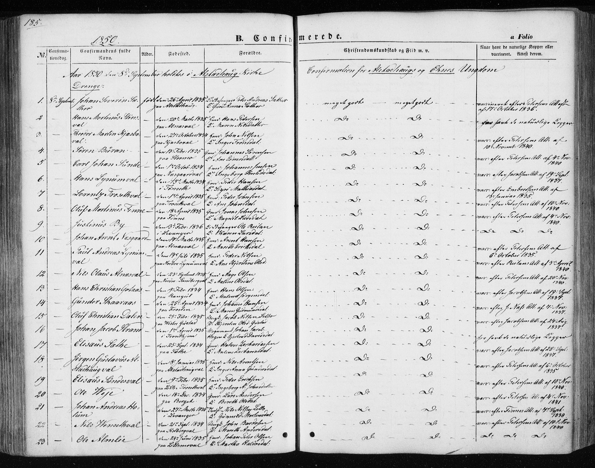 Ministerialprotokoller, klokkerbøker og fødselsregistre - Nord-Trøndelag, AV/SAT-A-1458/717/L0154: Parish register (official) no. 717A07 /1, 1850-1862, p. 185