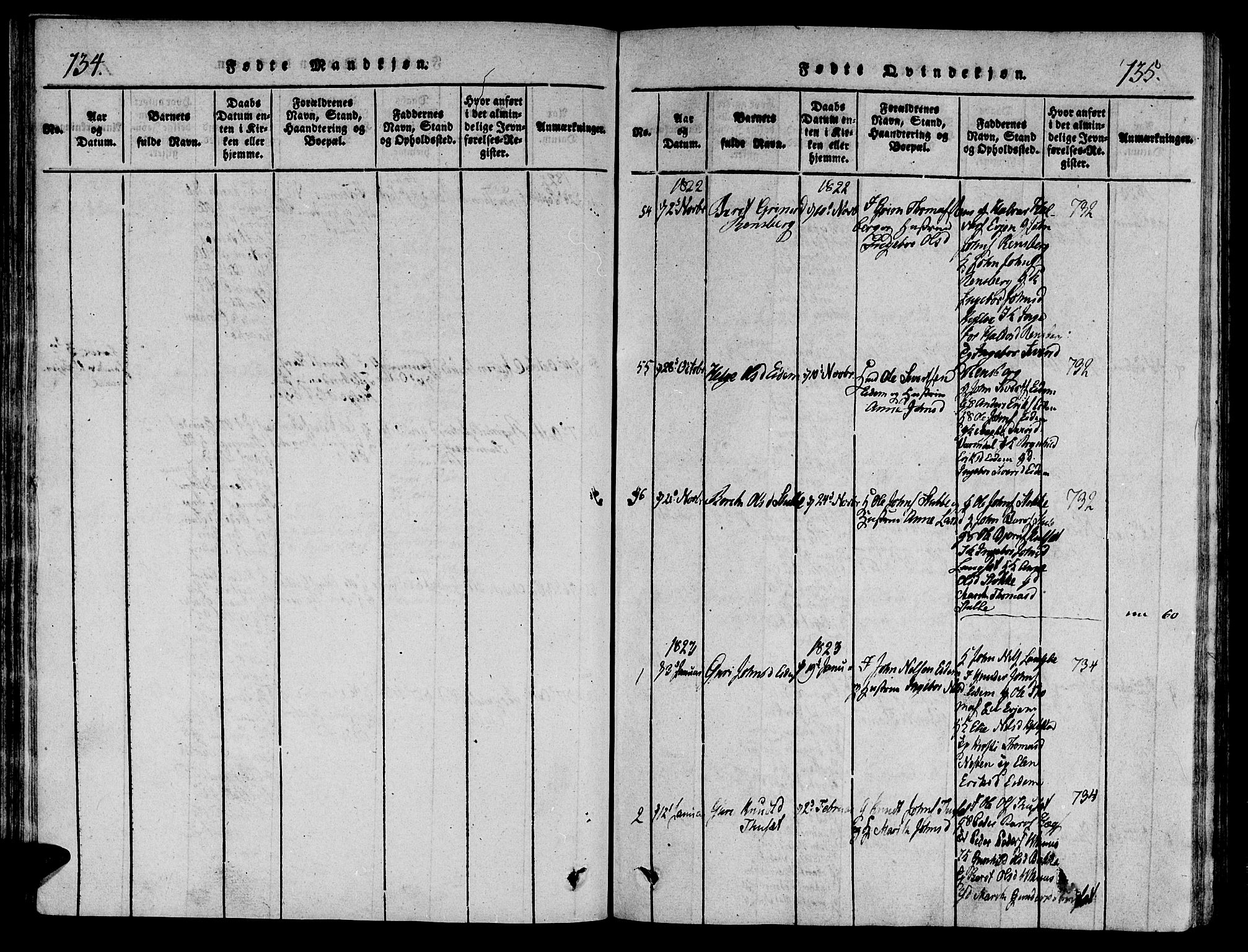 Ministerialprotokoller, klokkerbøker og fødselsregistre - Sør-Trøndelag, SAT/A-1456/695/L1141: Parish register (official) no. 695A04 /1, 1816-1824, p. 134-135