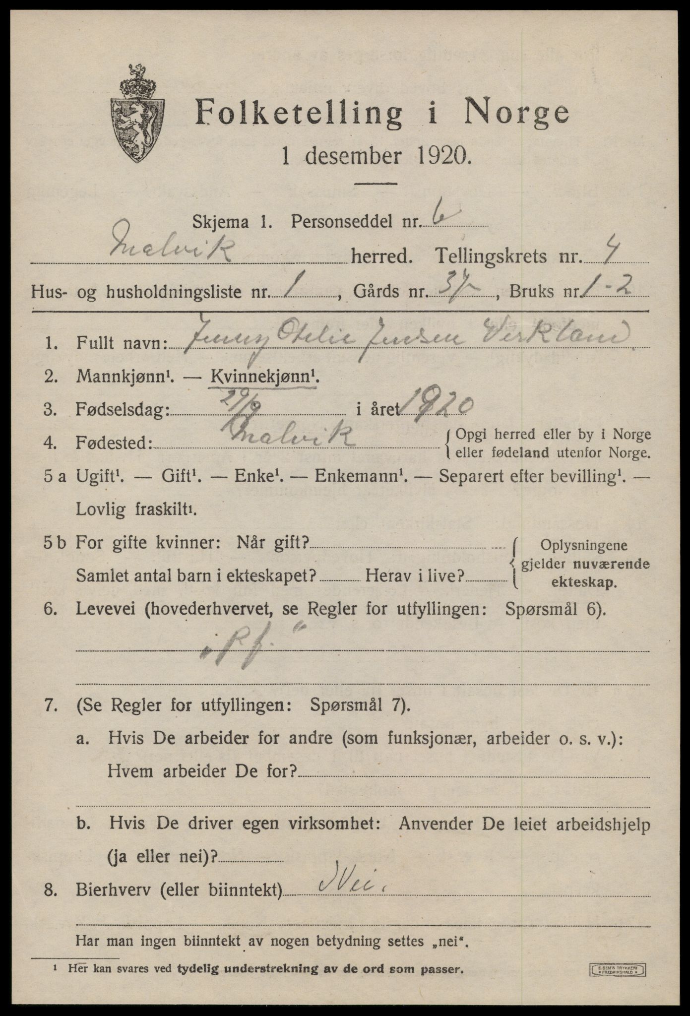 SAT, 1920 census for Malvik, 1920, p. 2578