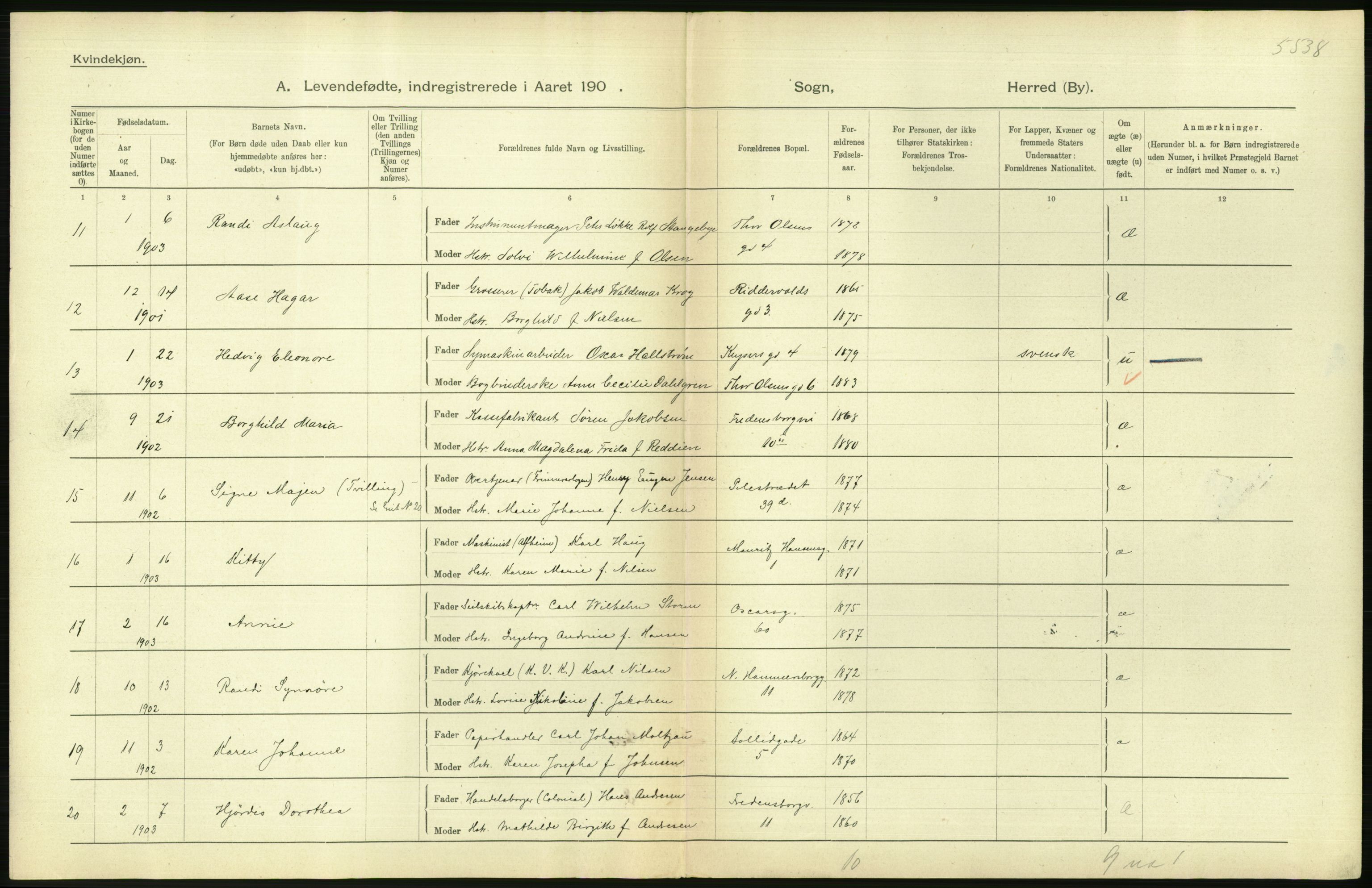 Statistisk sentralbyrå, Sosiodemografiske emner, Befolkning, AV/RA-S-2228/D/Df/Dfa/Dfaa/L0003: Kristiania: Fødte, 1903, p. 224