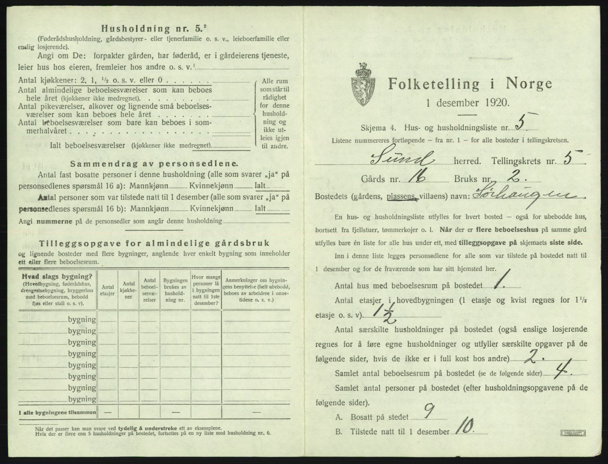 SAB, 1920 census for Sund, 1920, p. 378