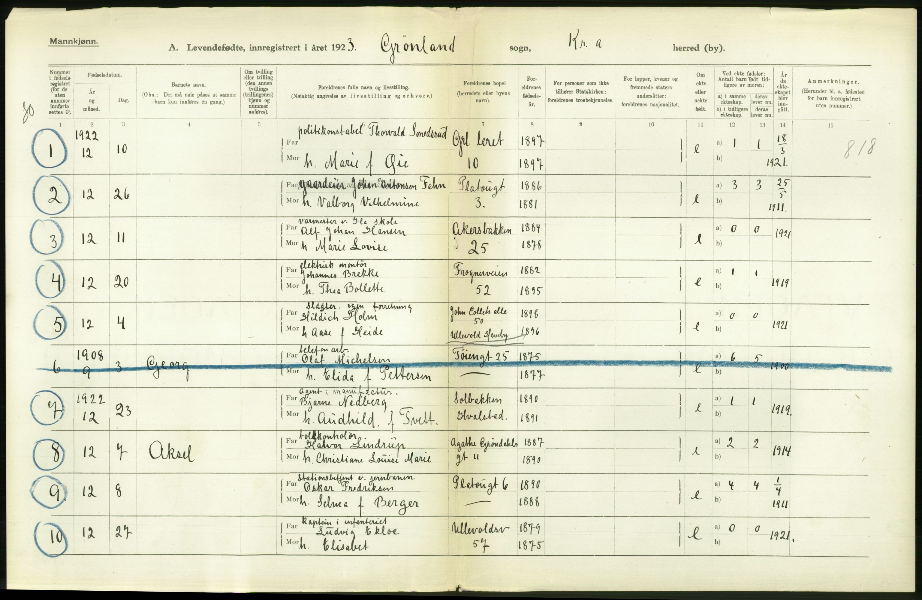 Statistisk sentralbyrå, Sosiodemografiske emner, Befolkning, AV/RA-S-2228/D/Df/Dfc/Dfcc/L0006: Kristiania: Levendefødte menn og kvinner., 1923, p. 180