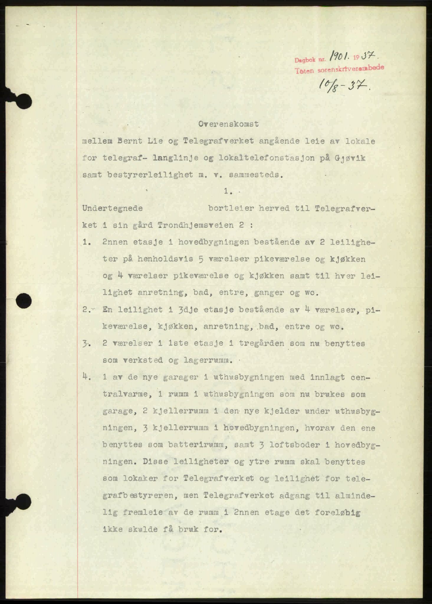 Toten tingrett, SAH/TING-006/H/Hb/Hbc/L0003: Mortgage book no. Hbc-03, 1937-1938, Diary no: : 1901/1937